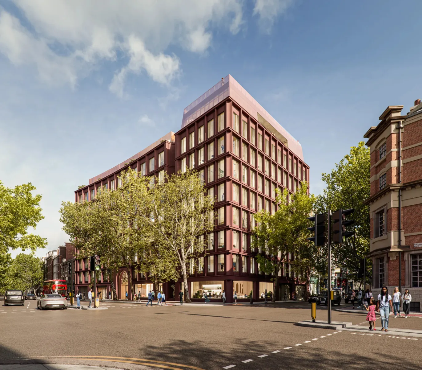 The rendered image shows a brick building on a busy street in London