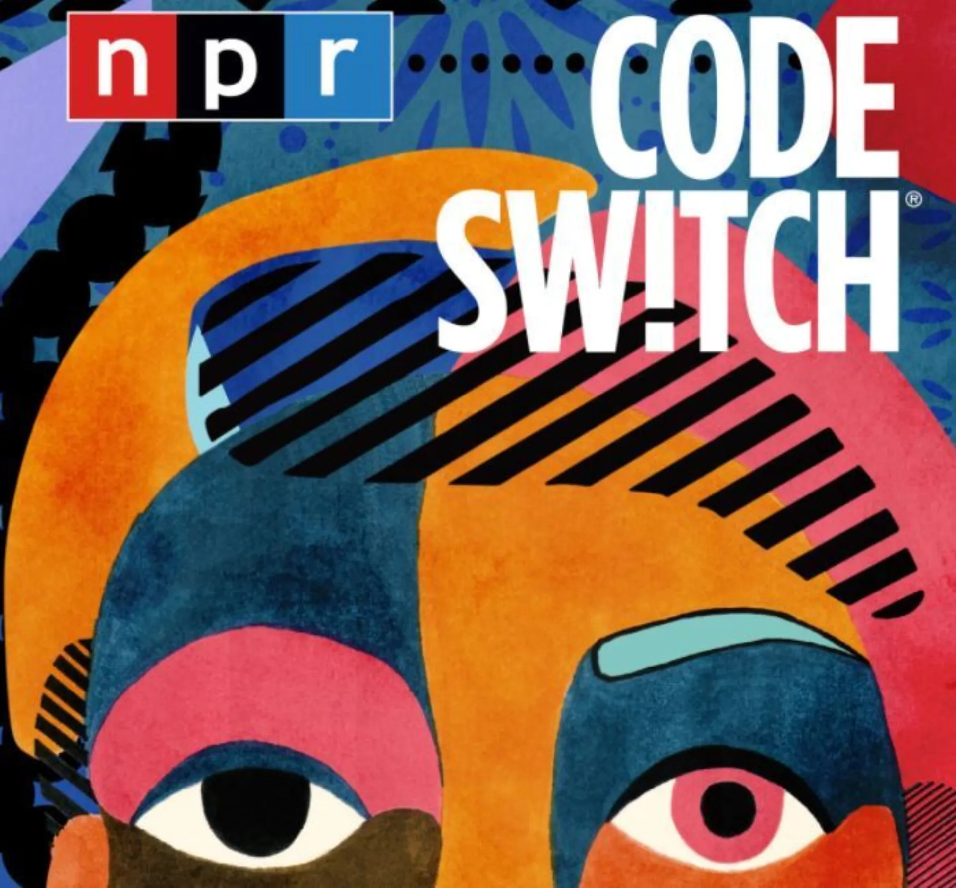 Abstract painting of person's face, with words Code Switch in top right of image.