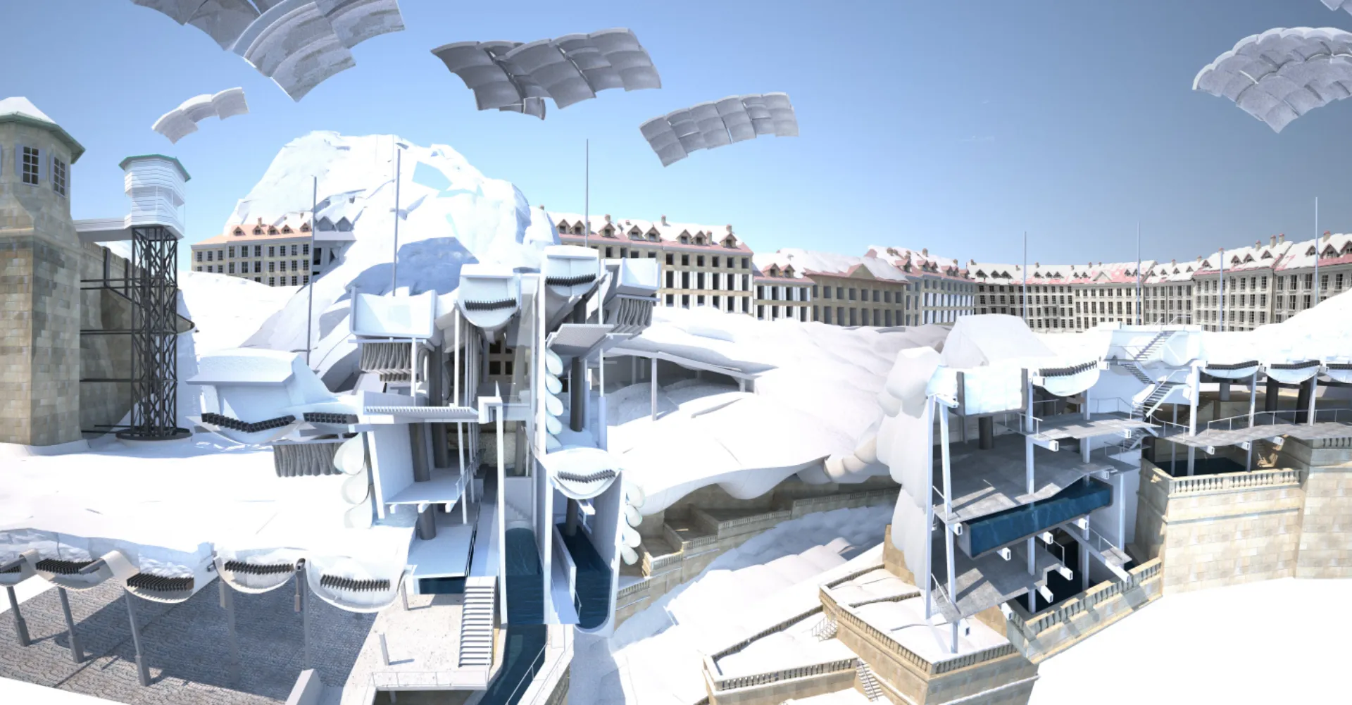 AI generated, rendered colour impression of a ski resort.