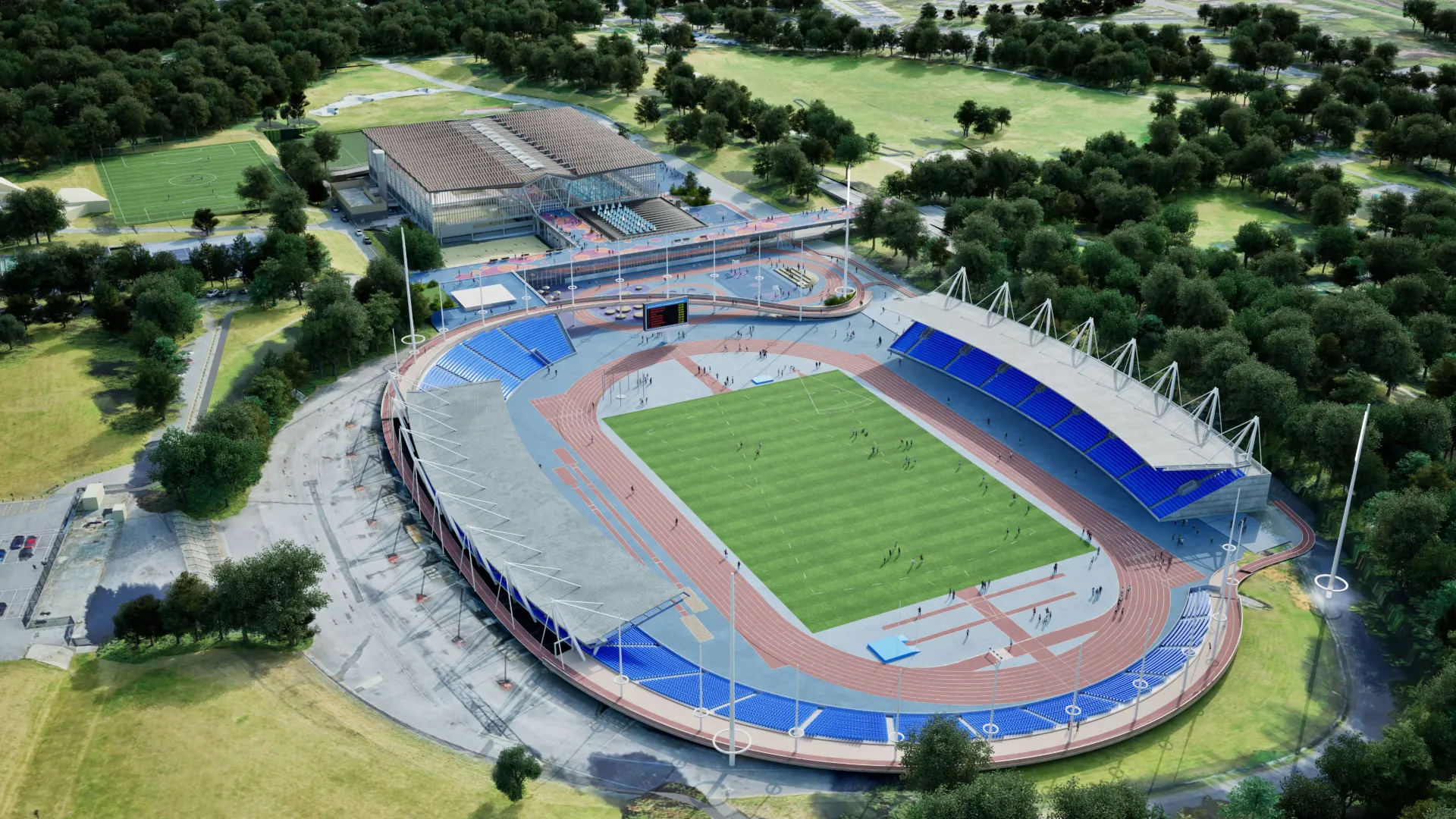 Computer generated image shows stadium with outdoor track and building which houses pools and indoor track