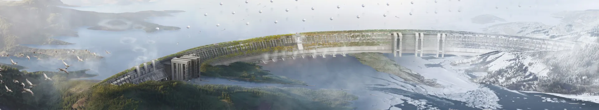 Concept rendering of a curved, vegetation-covered megastructure dam spanning a river valley, set within a dramatic mountain and reservoir landscape.