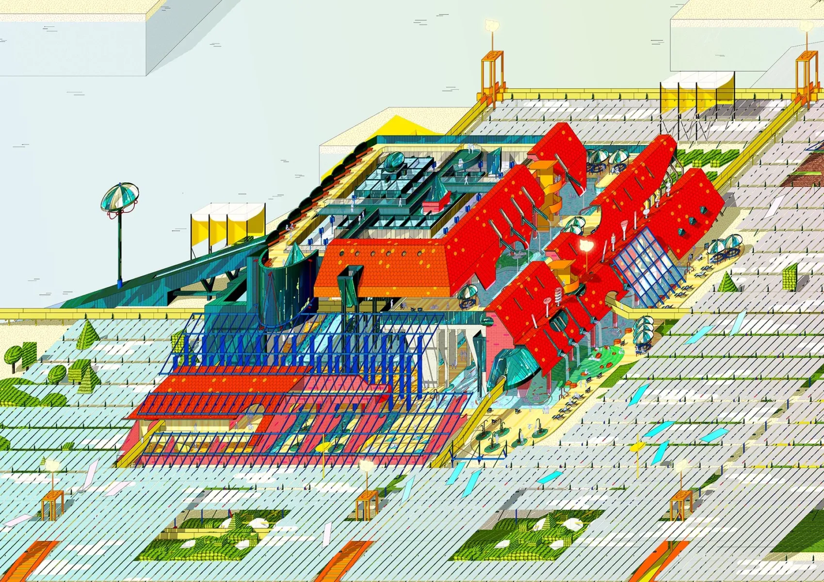 3D drawing software generated, pixellated aerial view of concept town, coloured unrealistically.