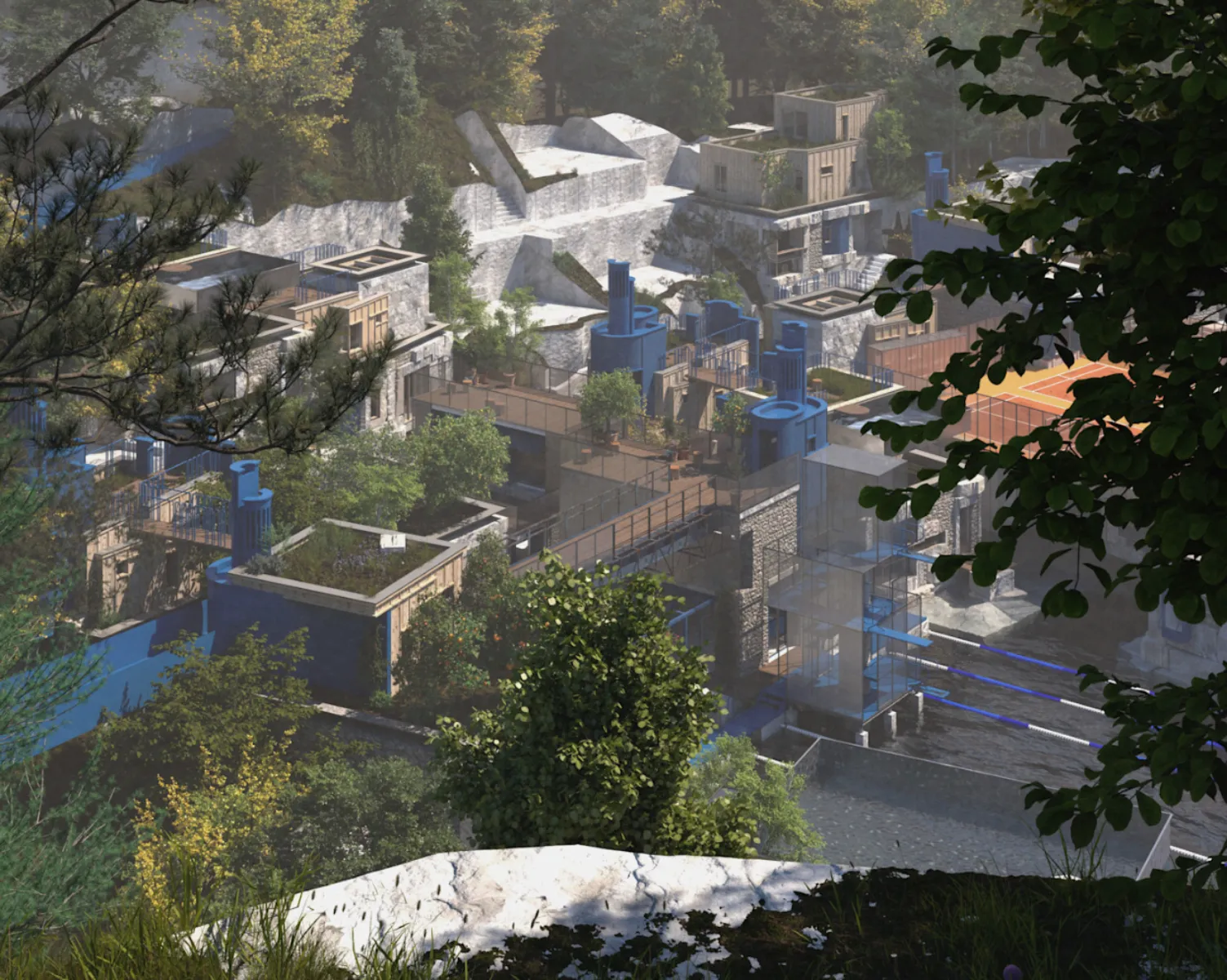 3D rendered image showing an imagined continual state of topographical transformation, glimpses of the future Lithopolis become visible through gaps in the trees. Perched on the edge of an artificial cliff, a new typology for urban living can be observed from above.