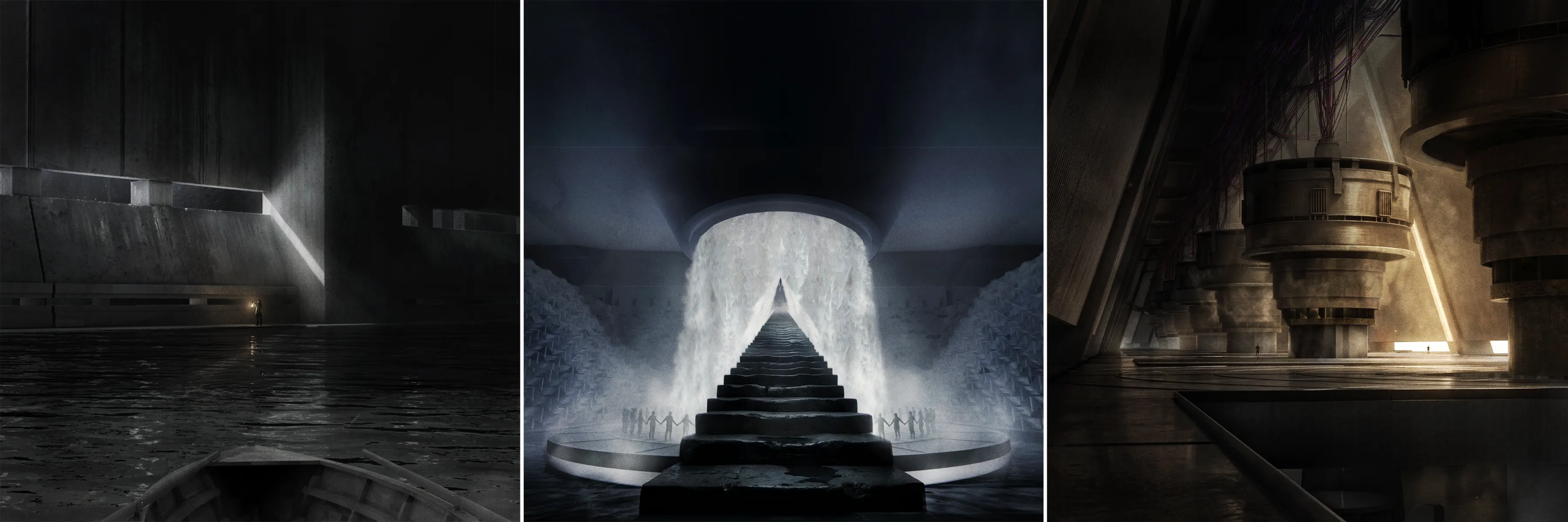 Triptych of atmospheric architectural renderings showing vast interior spaces within a monumental dam-like structure. The first view depicts a cavernous concrete chamber with water on the floor and a lone figure standing beneath a beam of light. The second shows a stepped central staircase rising through a circular waterfall inside a dramatic hall. The third presents an industrial-scale machine room with towering turbines and structural elements illuminated by shafts of warm light.