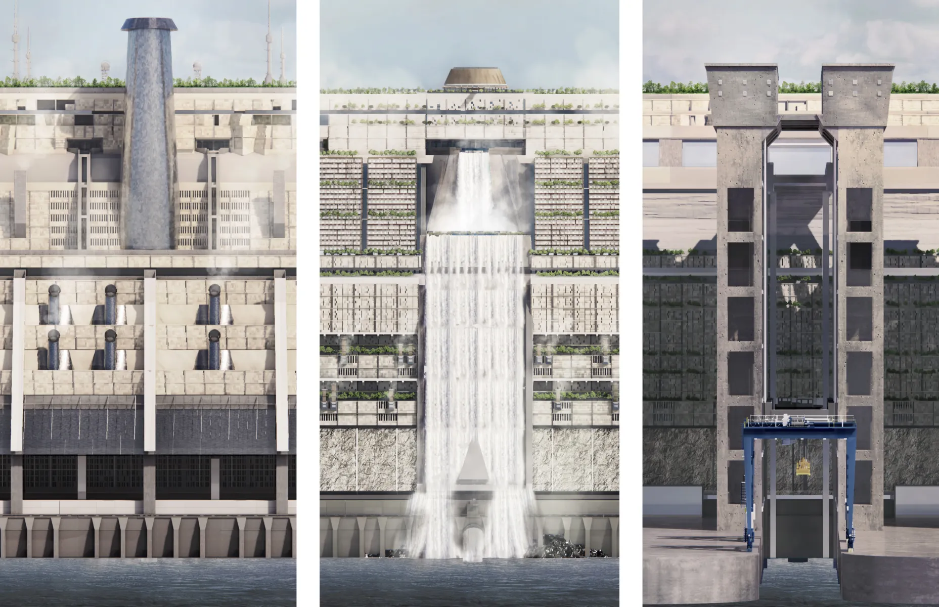 Three architectural elevation views of a large multifunctional dam structure. The left elevation features a prominent cylindrical tower and a series of water outlets. The central elevation highlights a monumental waterfall cascading through terraced, vegetation-covered façades. The right elevation shows a lock or lift structure extending vertically from the water's edge, framed by two tall concrete towers.