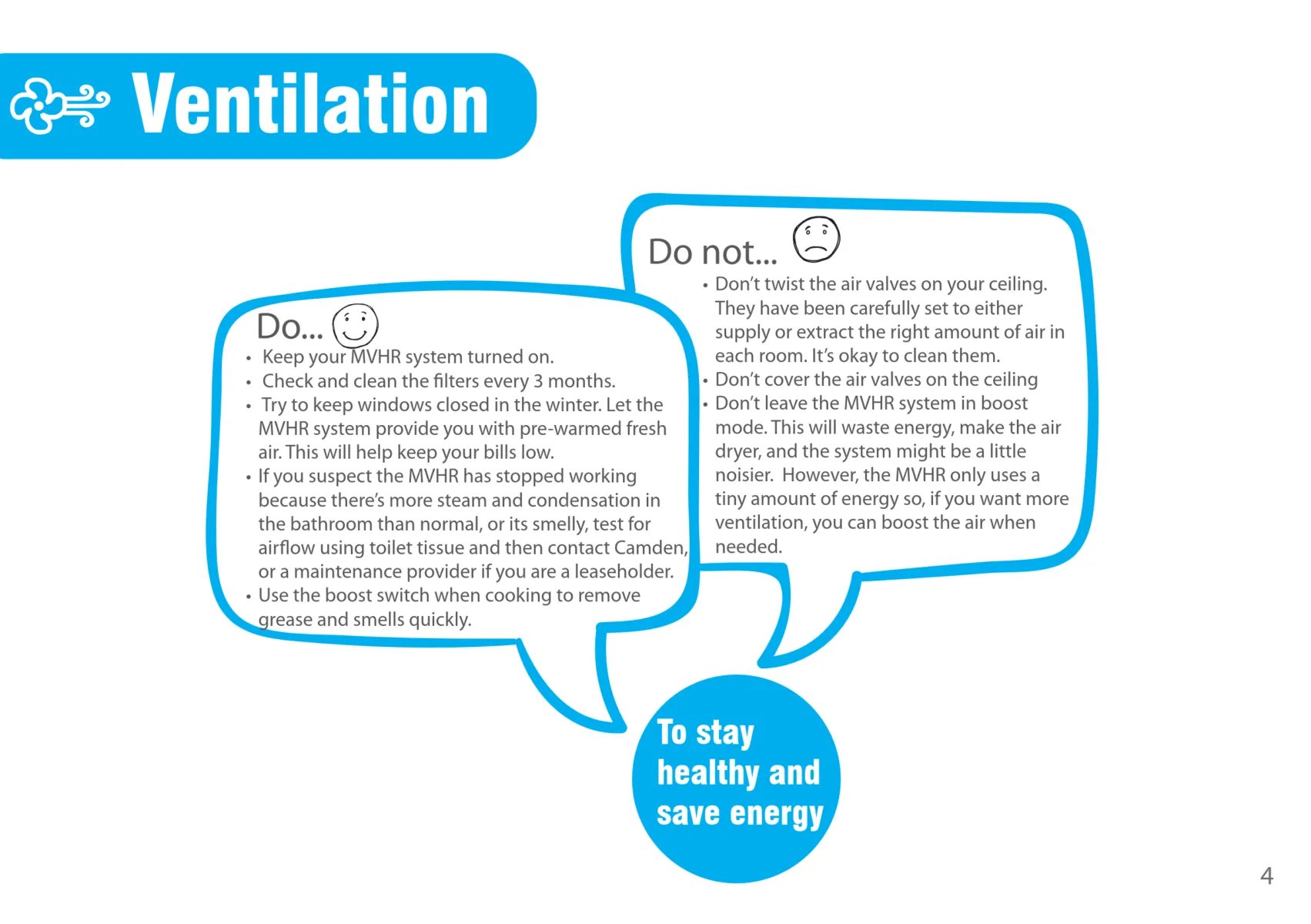 Infographic on home ventilation showing dos and don’ts for using an MVHR system, including filter cleaning, boost mode use, and keeping air valves unobstructed to maintain healthy indoor air and save energy.