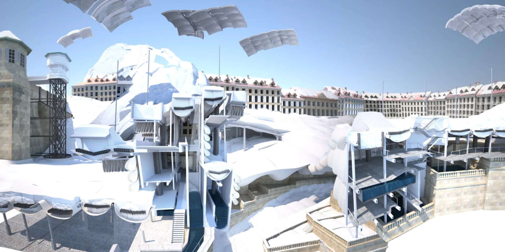 AI generated, rendered colour impression of a ski resort.