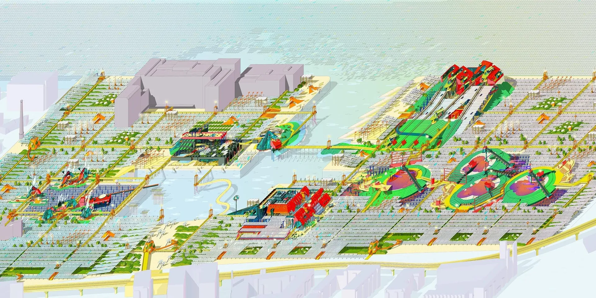 3D drawing software generated, pixellated aerial view of concept city, coloured unrealistically.