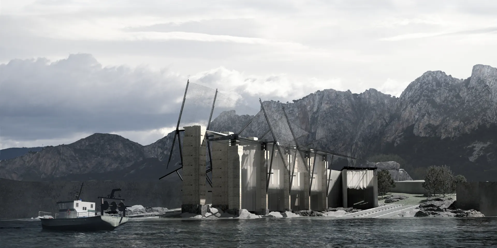 AI generated, rendered impression of a construction on the sea shore, with mountains in the background.