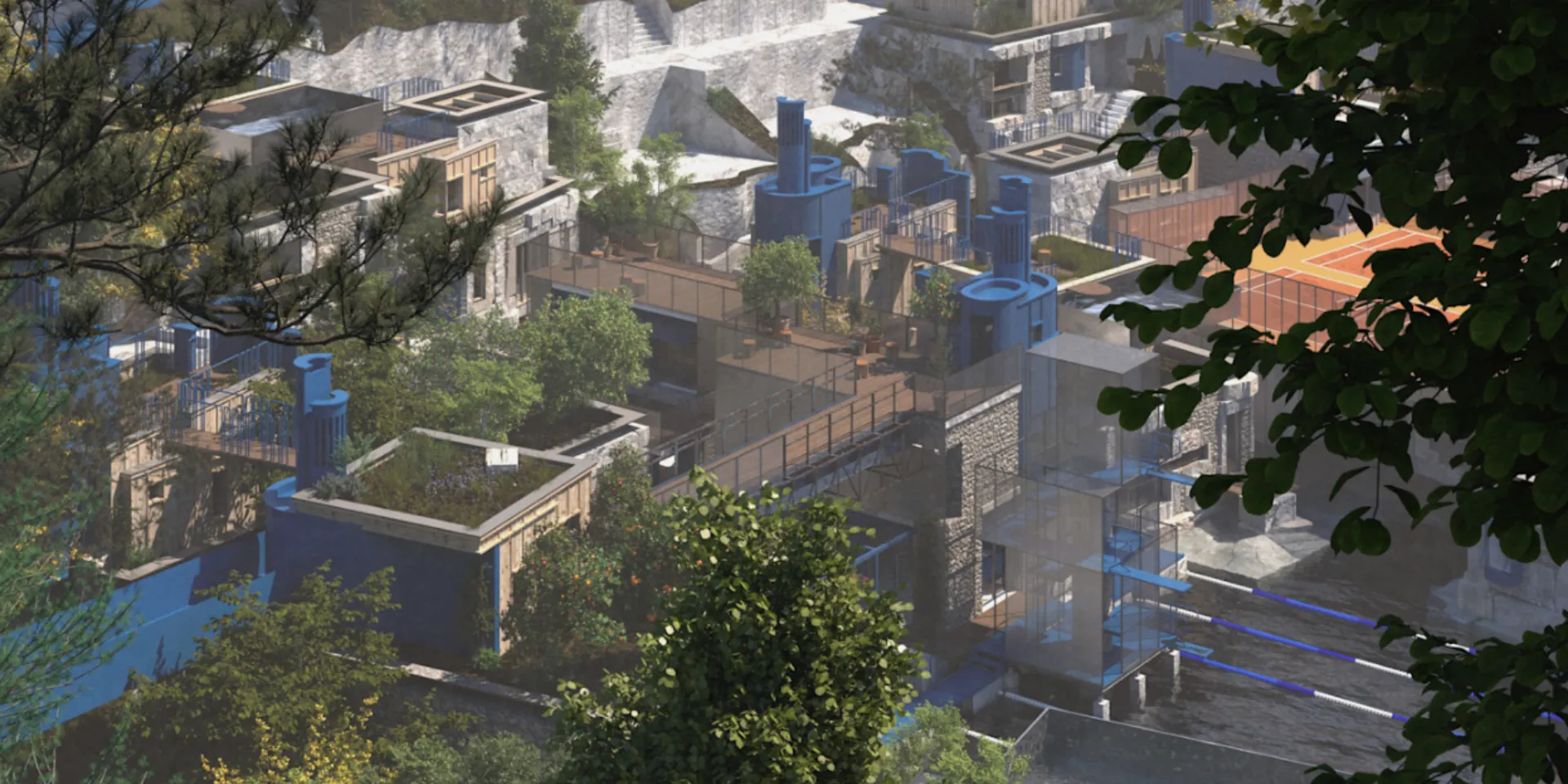 3D rendered image showing an imagined continual state of topographical transformation, glimpses of the future Lithopolis become visible through gaps in the trees. Perched on the edge of an artificial cliff, a new typology for urban living can be observed from above.