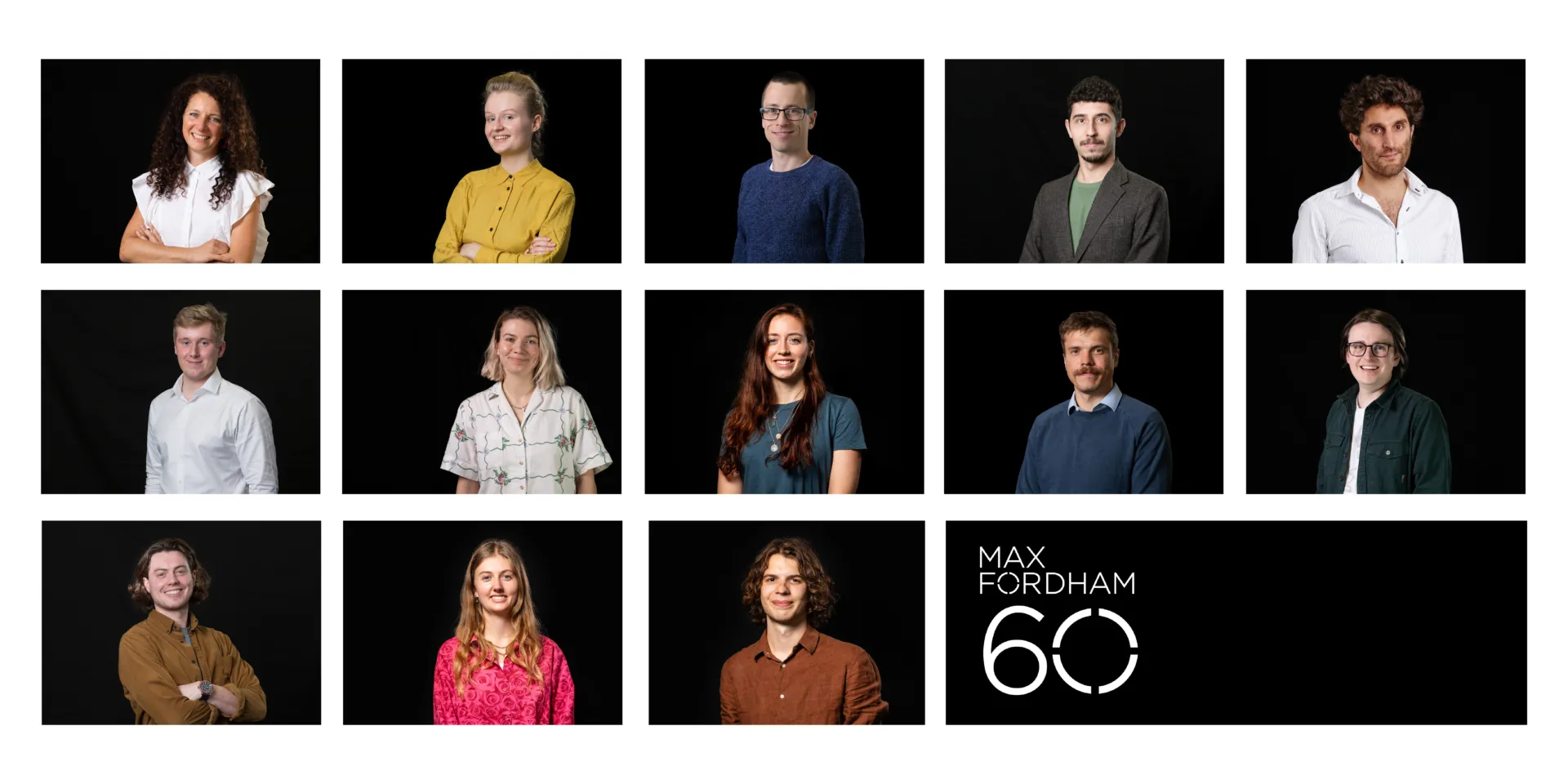 13 portraits of people against a black background