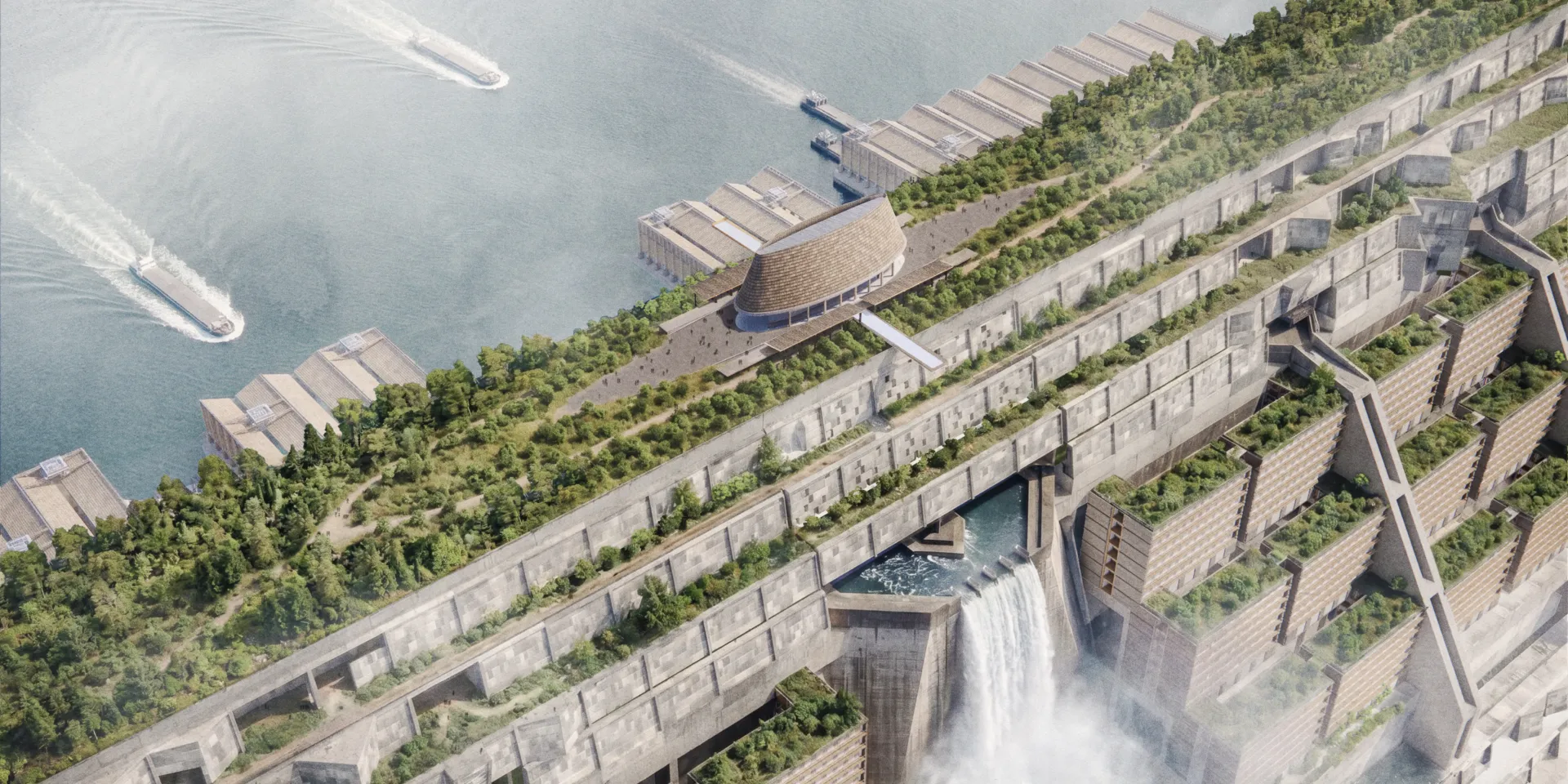 Aerial rendering of a large waterfront development integrated into a dam-like structure, featuring cascading terraces planted with trees and gardens, a rooftop park, and a waterfall flowing through the centre. Boats travel across the water beside the complex.