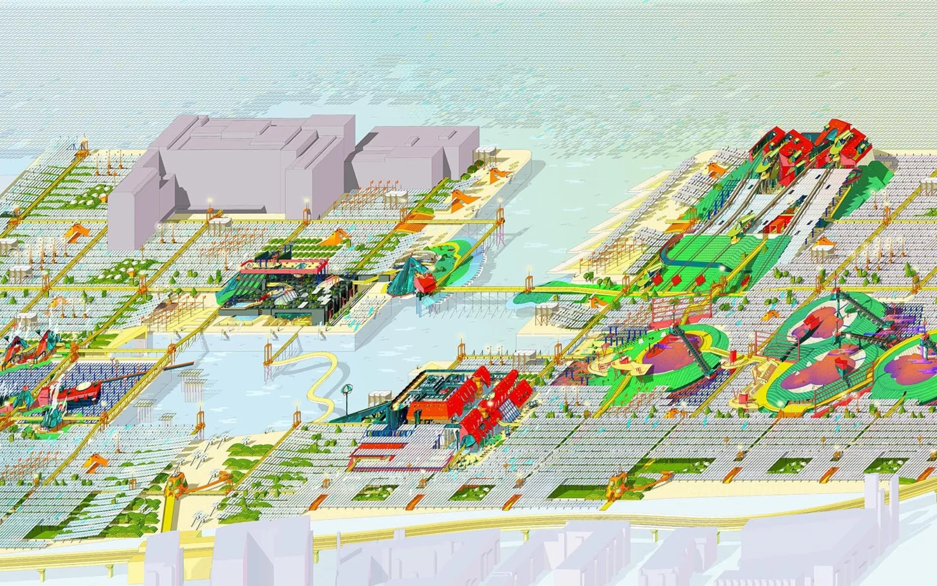 3D drawing software generated, pixellated aerial view of concept city, coloured unrealistically.