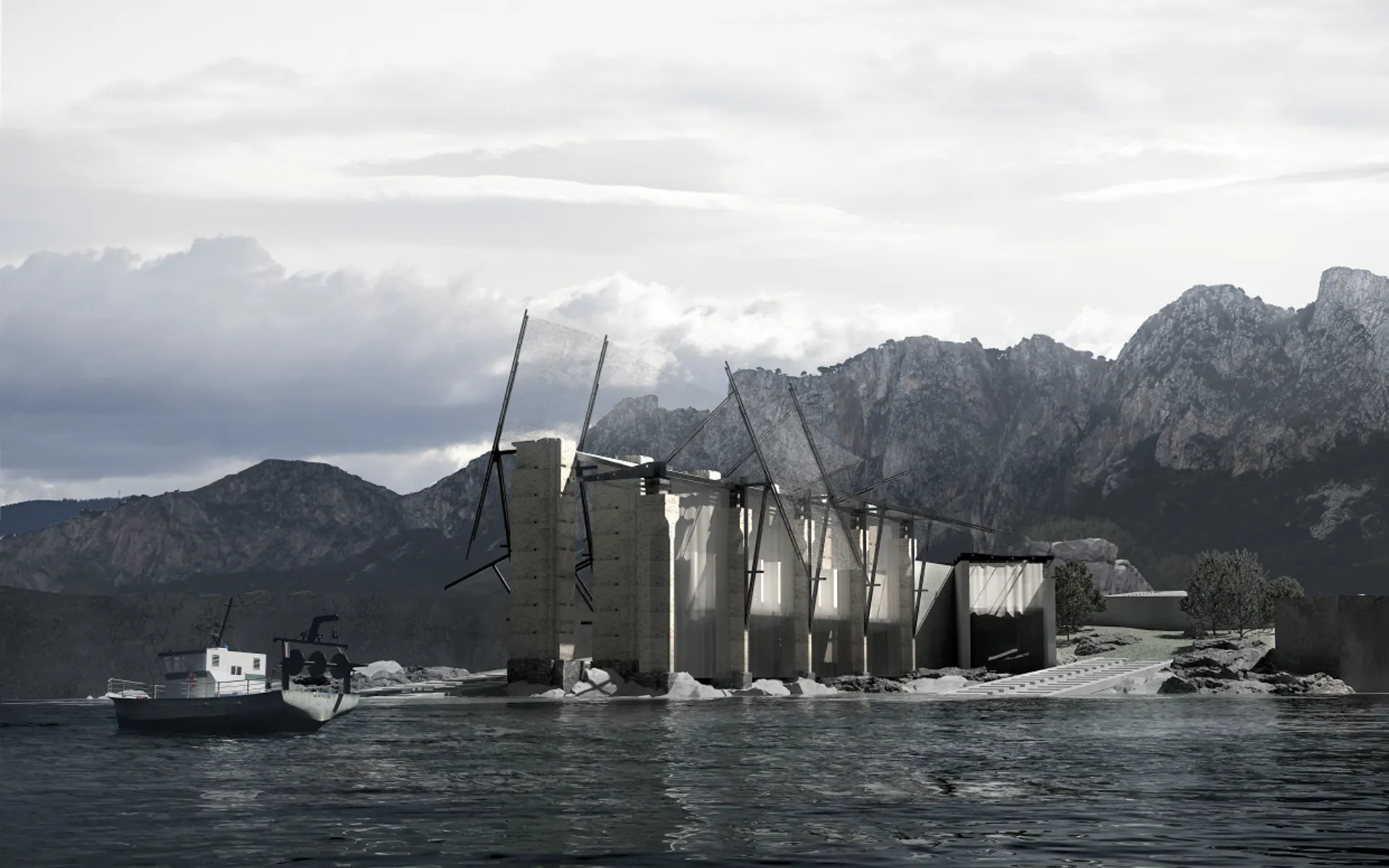 AI generated, rendered impression of a construction on the sea shore, with mountains in the background.