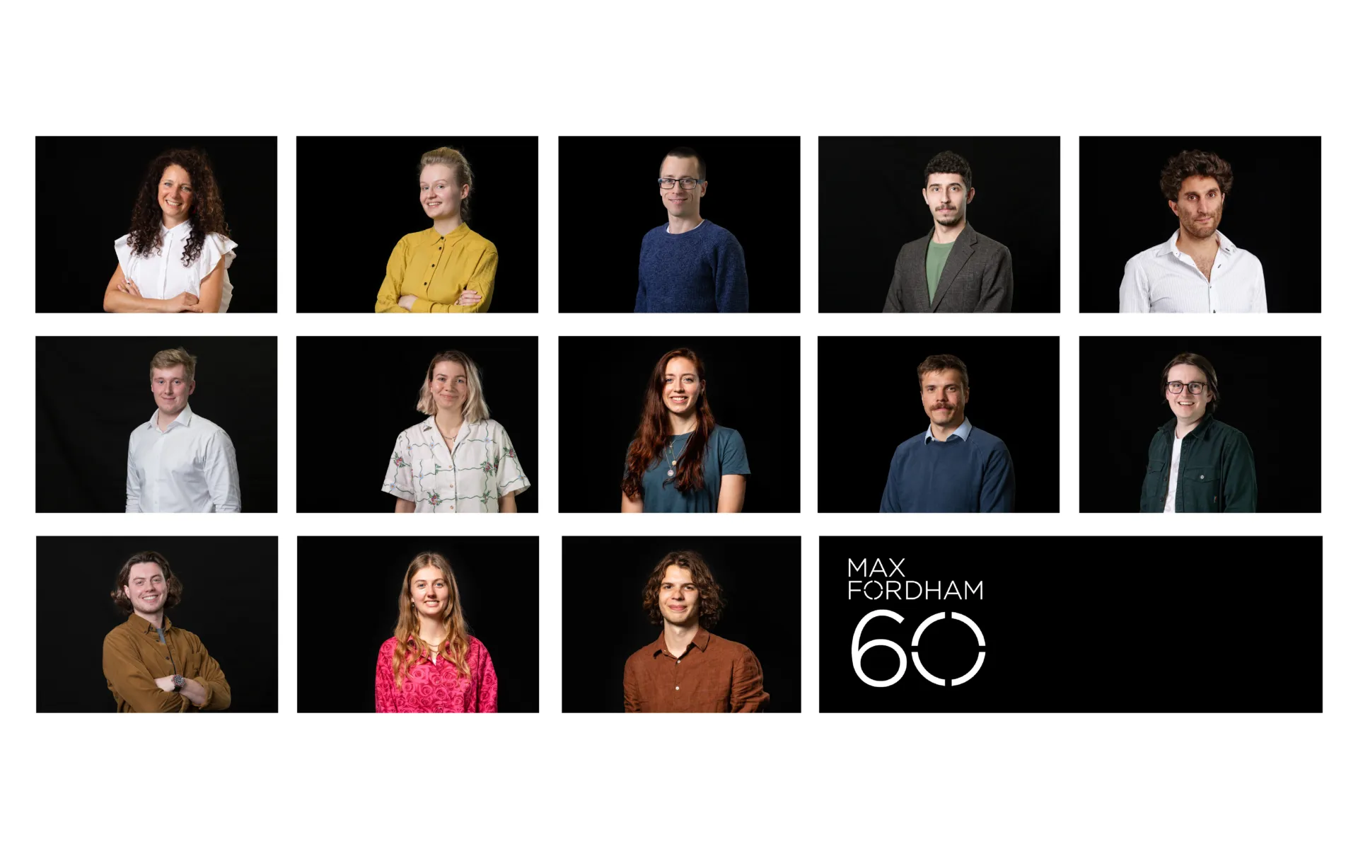 13 portraits of people against a black background