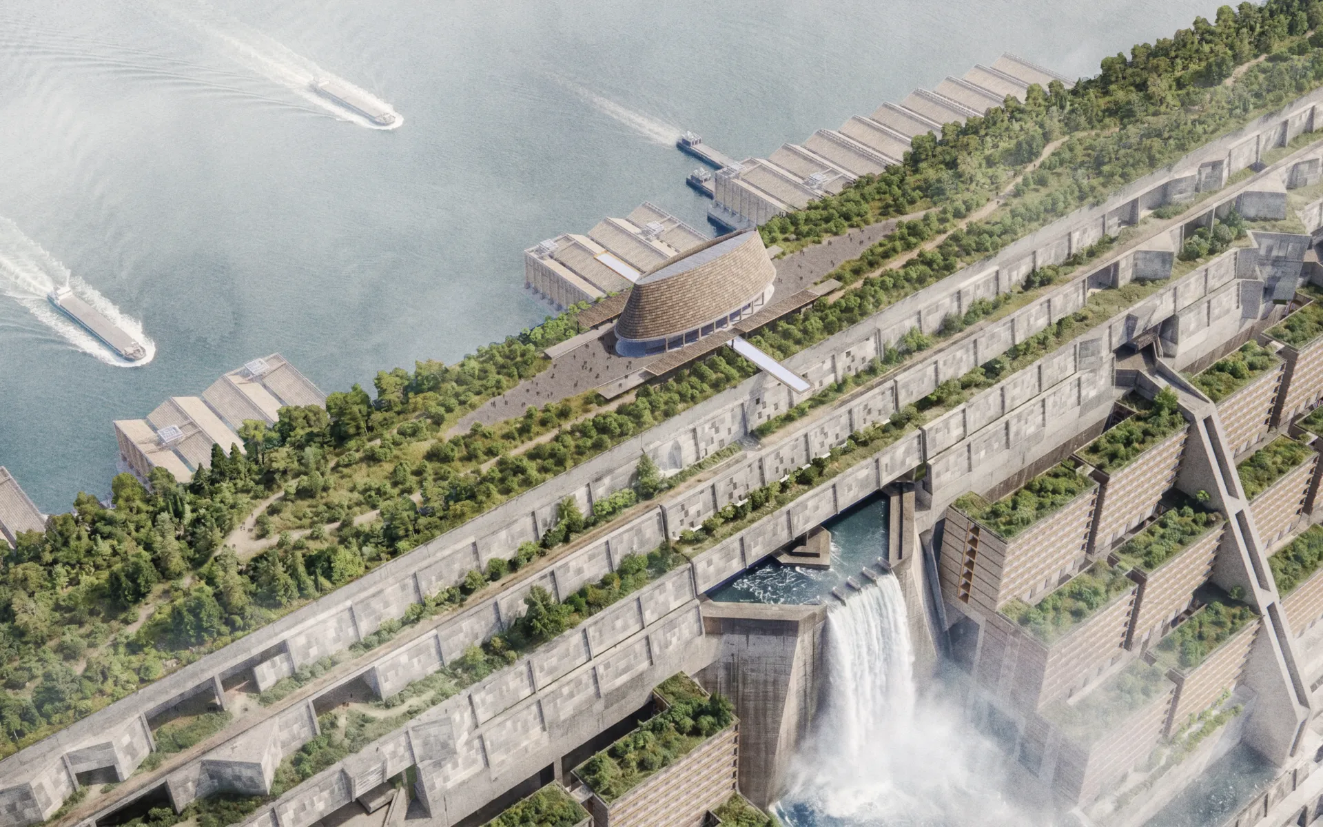 Aerial rendering of a large waterfront development integrated into a dam-like structure, featuring cascading terraces planted with trees and gardens, a rooftop park, and a waterfall flowing through the centre. Boats travel across the water beside the complex.