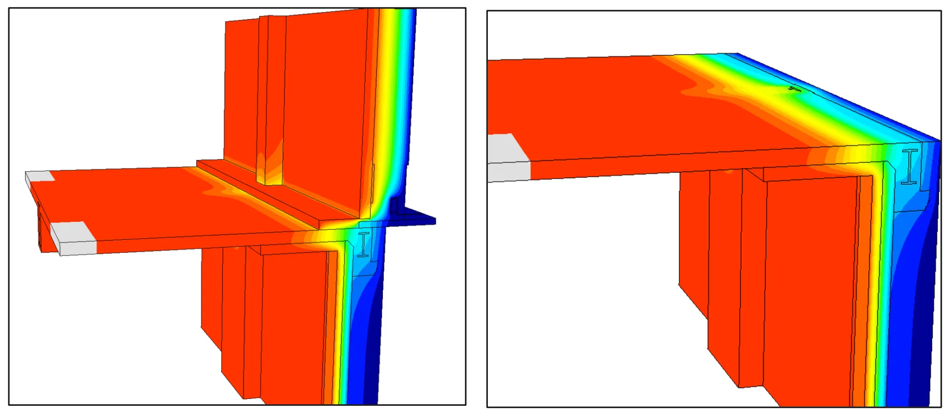 A 3D computer generated colour image showing that thermal bridging prevents heat transfer via the structure in buildings, with red areas representing heat, and blue representing cold.