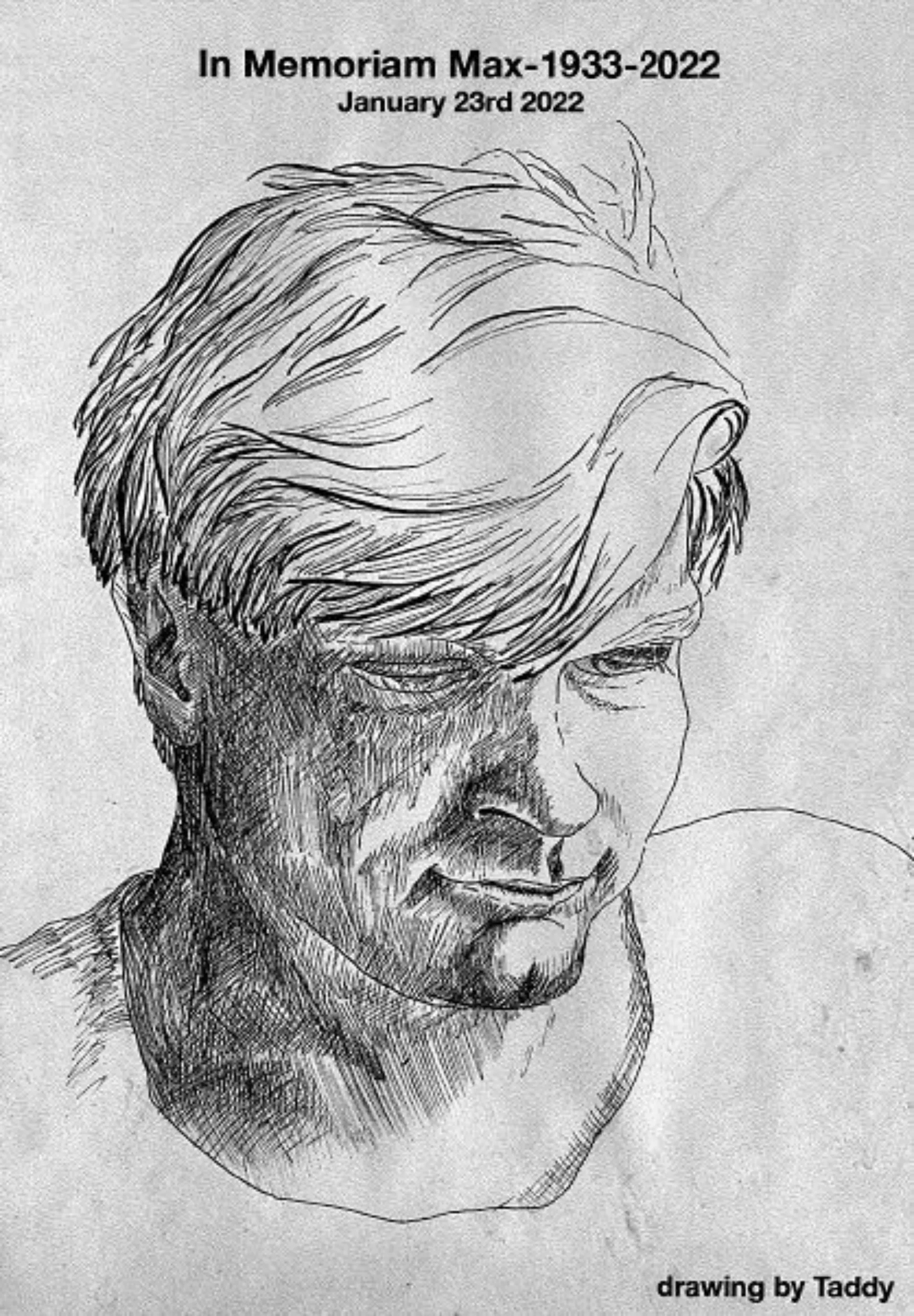 Front cover of booklet for Max's memorial service, showing a pencil drawing of Max as a young man, drawn by his wife Taddy.