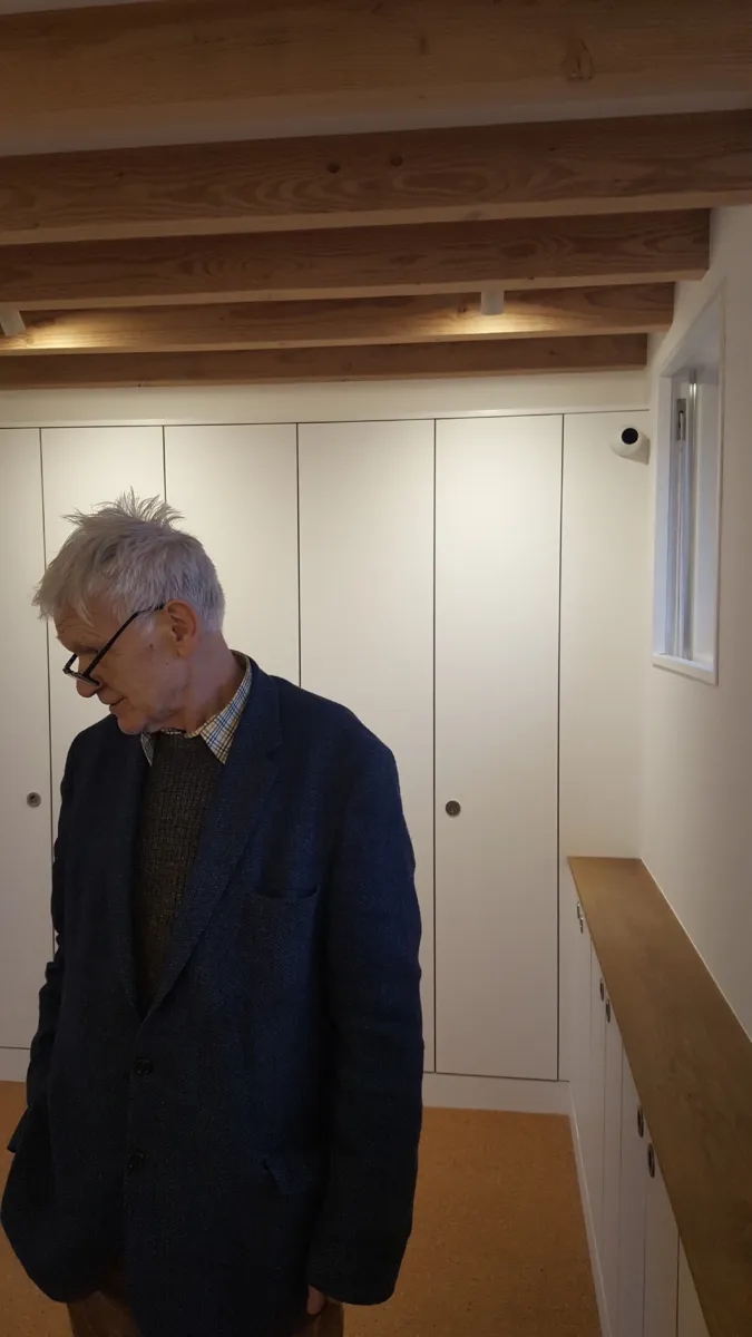 Max stands in front of fitted wardrobes in the bedroom of his house