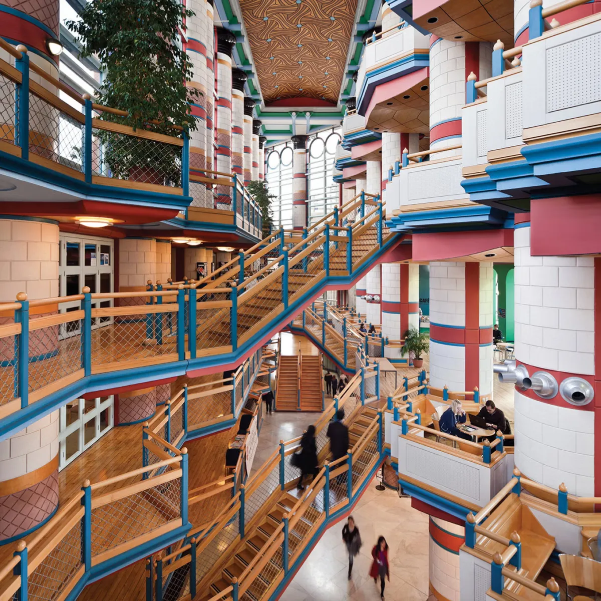 Colour photo taken inside the Judge Business School in Cambridge.