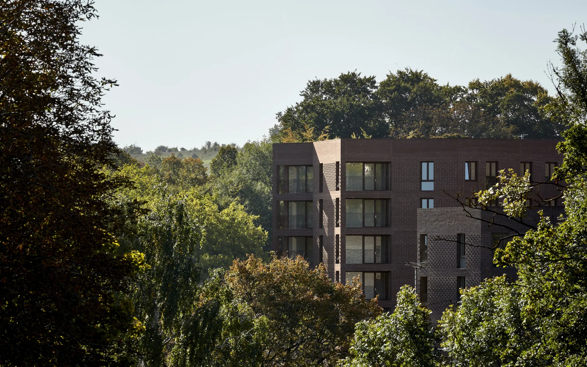 Brick-clad apartment building nestled among mature trees and greenery.