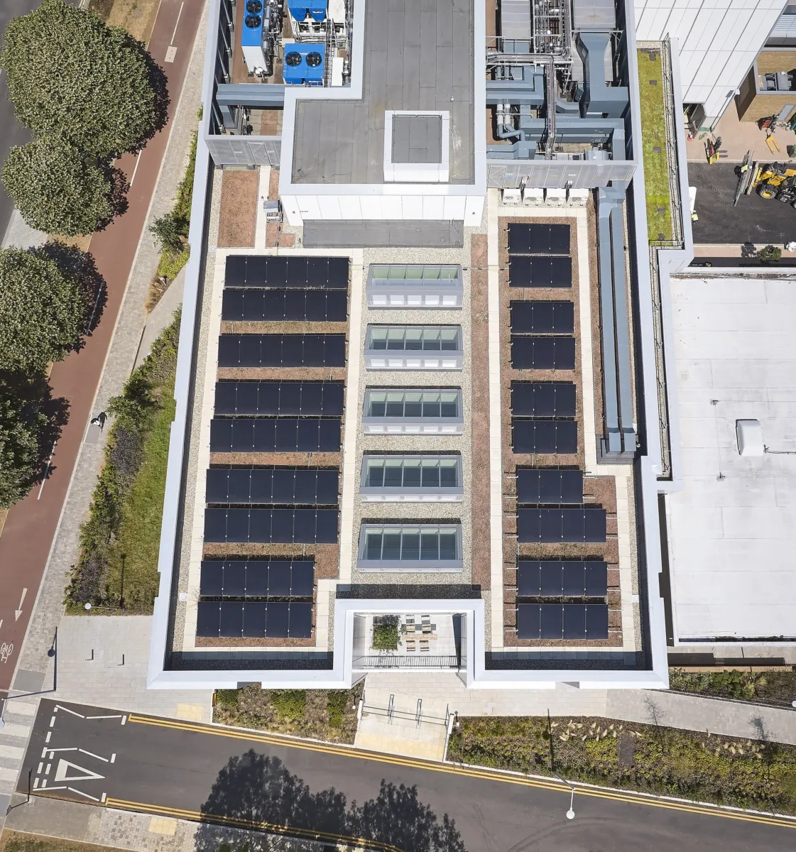 Aerial view of the Whittle Laboratory roof with solar panels, rooflights and building services.