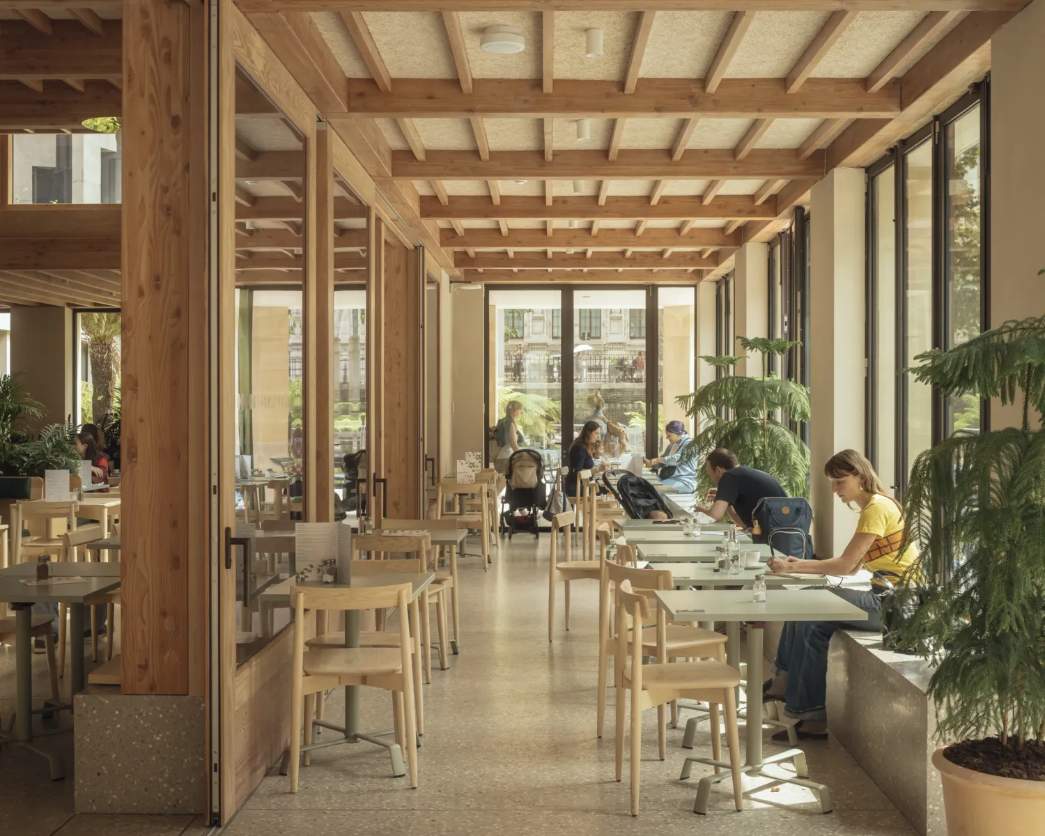 Interior of new cafe, with lot of pale exposed wood, cream coloured shiny floor, plants in pots around the outside of the room, and a few people sat at tables.
