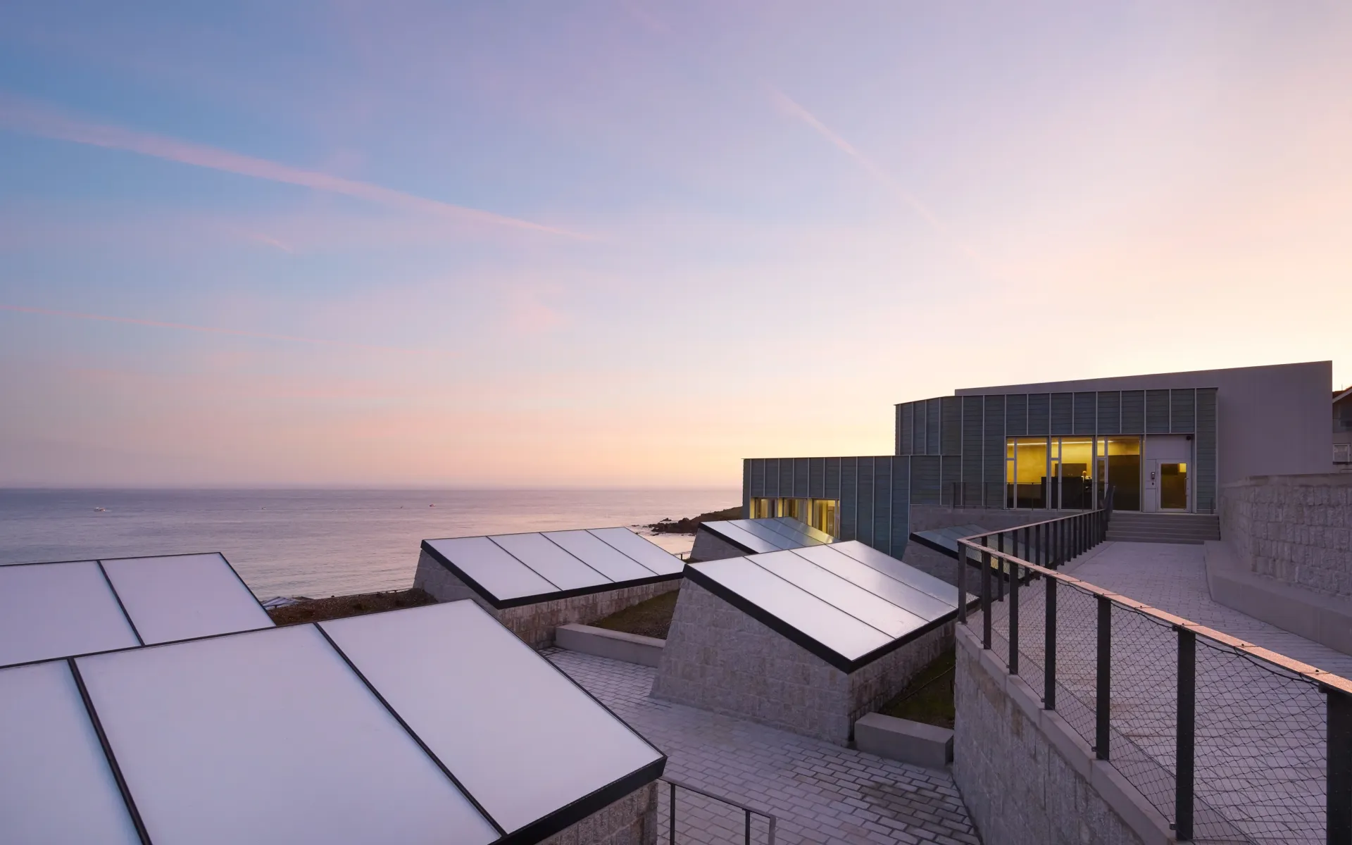 A building with a roof covered in solar panels