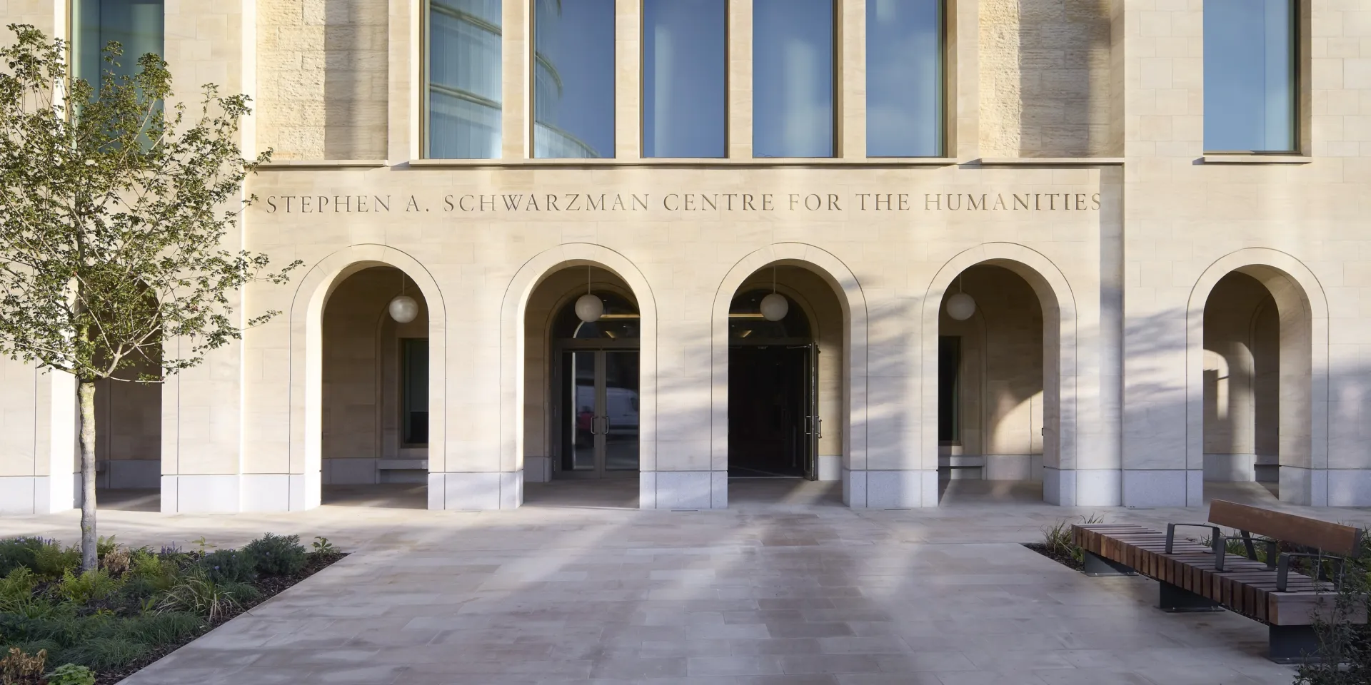 The front of the building, with arched entrance