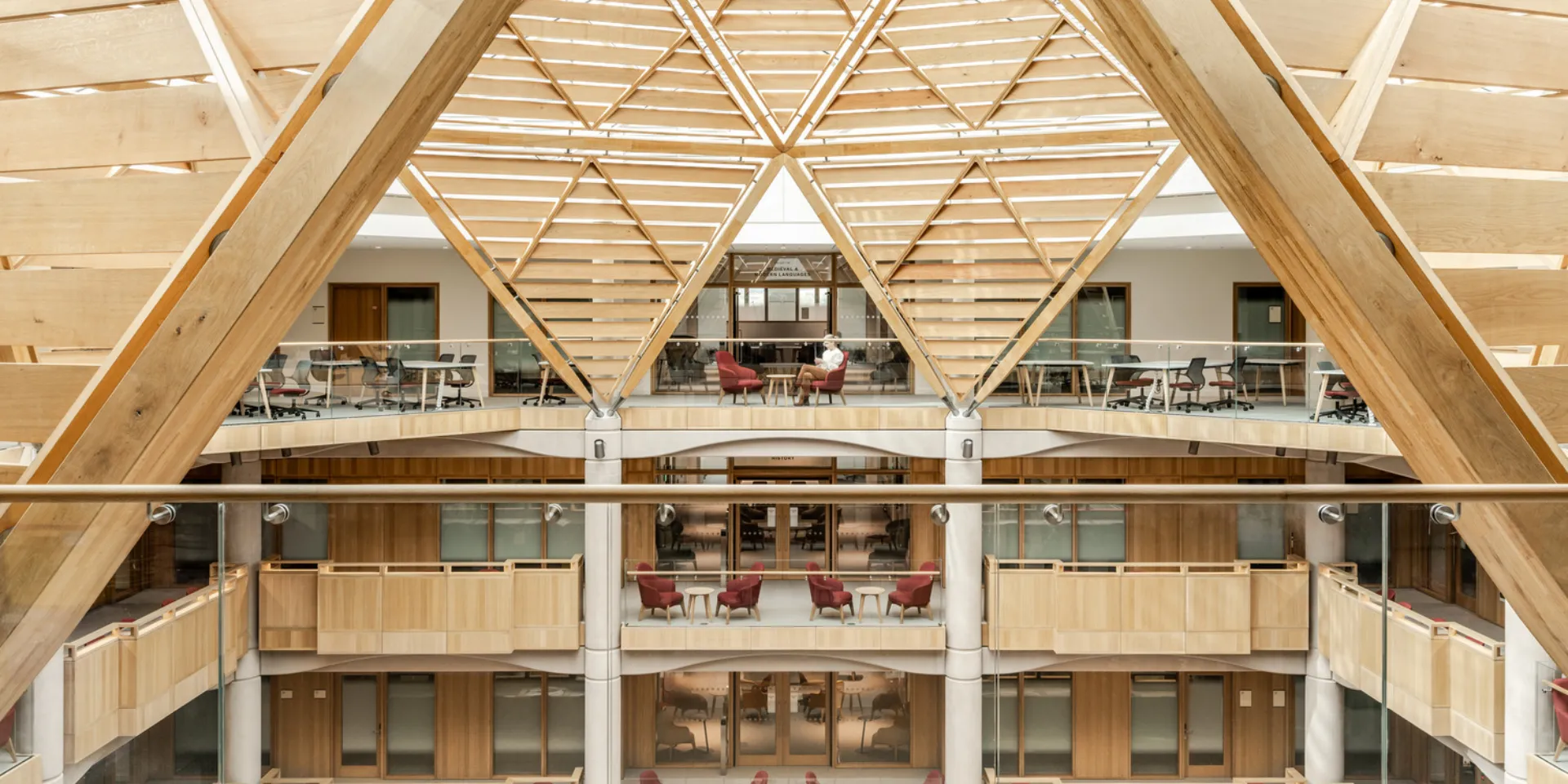 Large atrium with wooden shapes