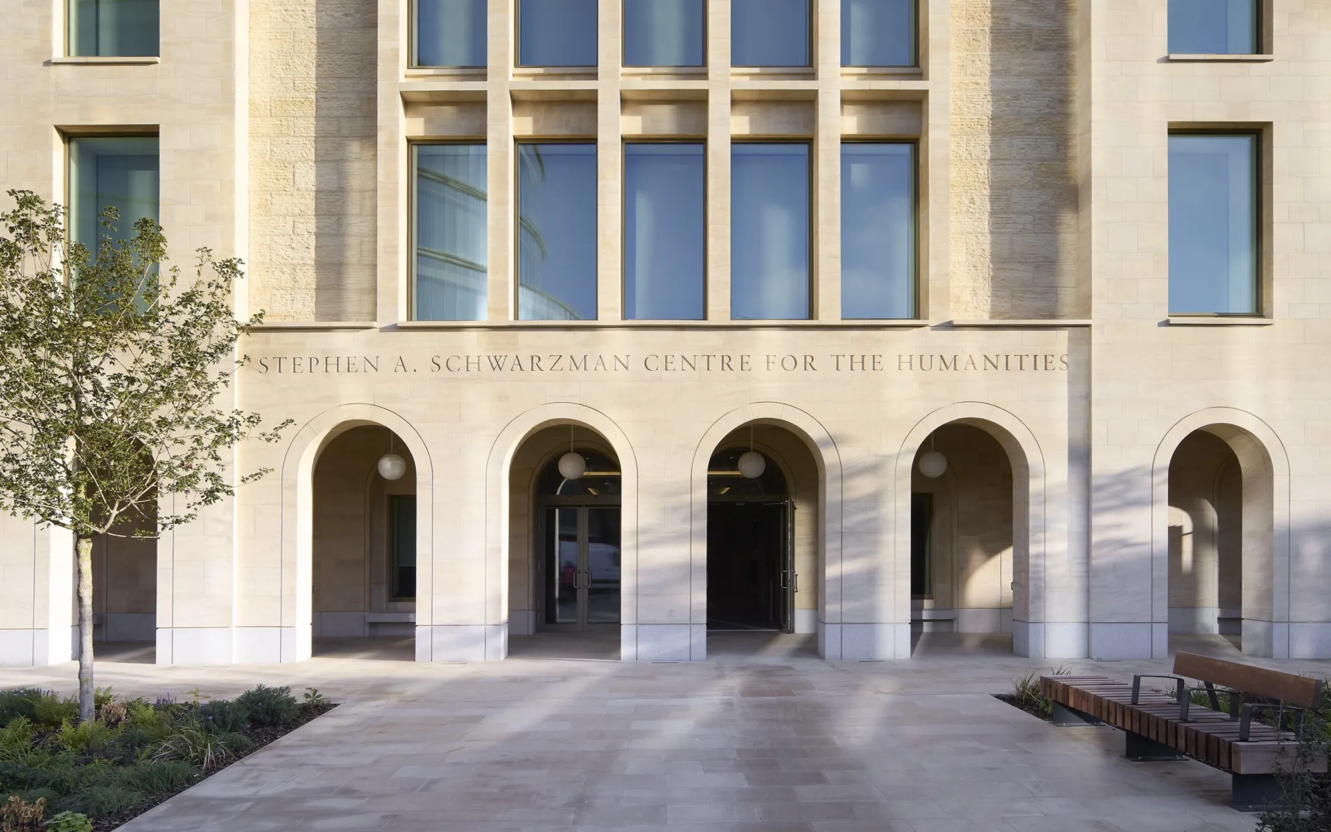 The front of the building, with arched entrance