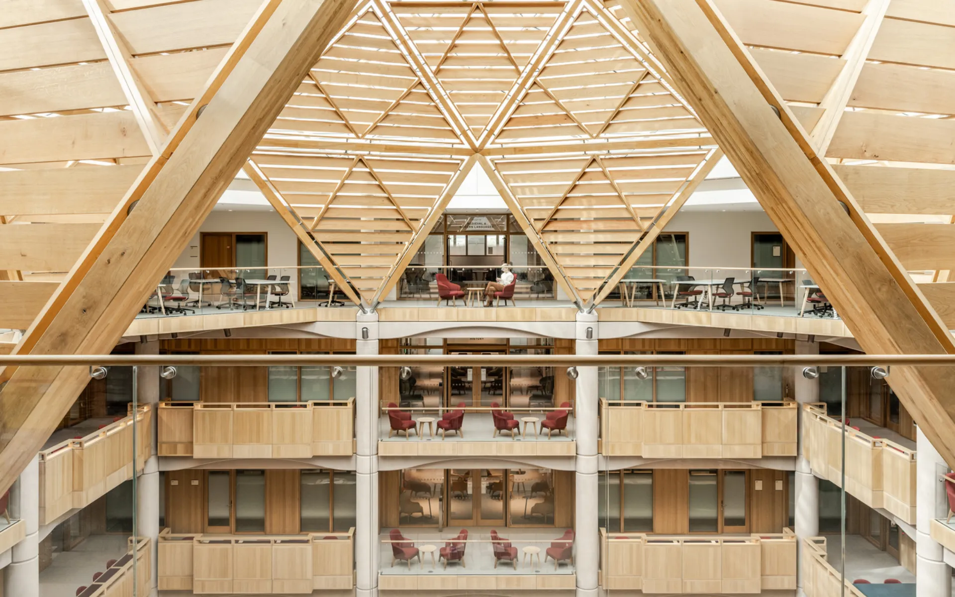 Large atrium with wooden shapes