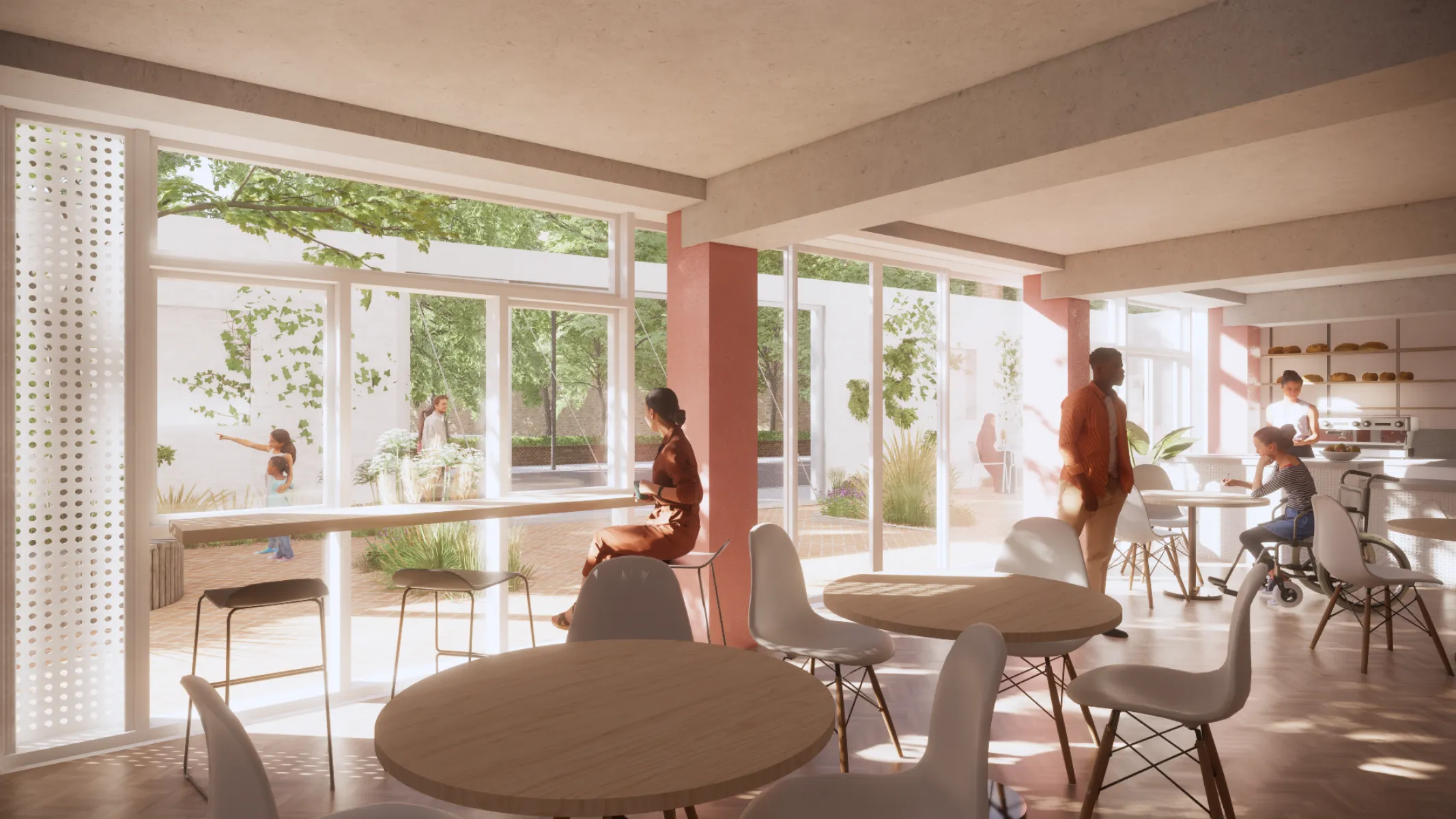 An architect's render of a light-filled interior with tables and open doors to a courtyard