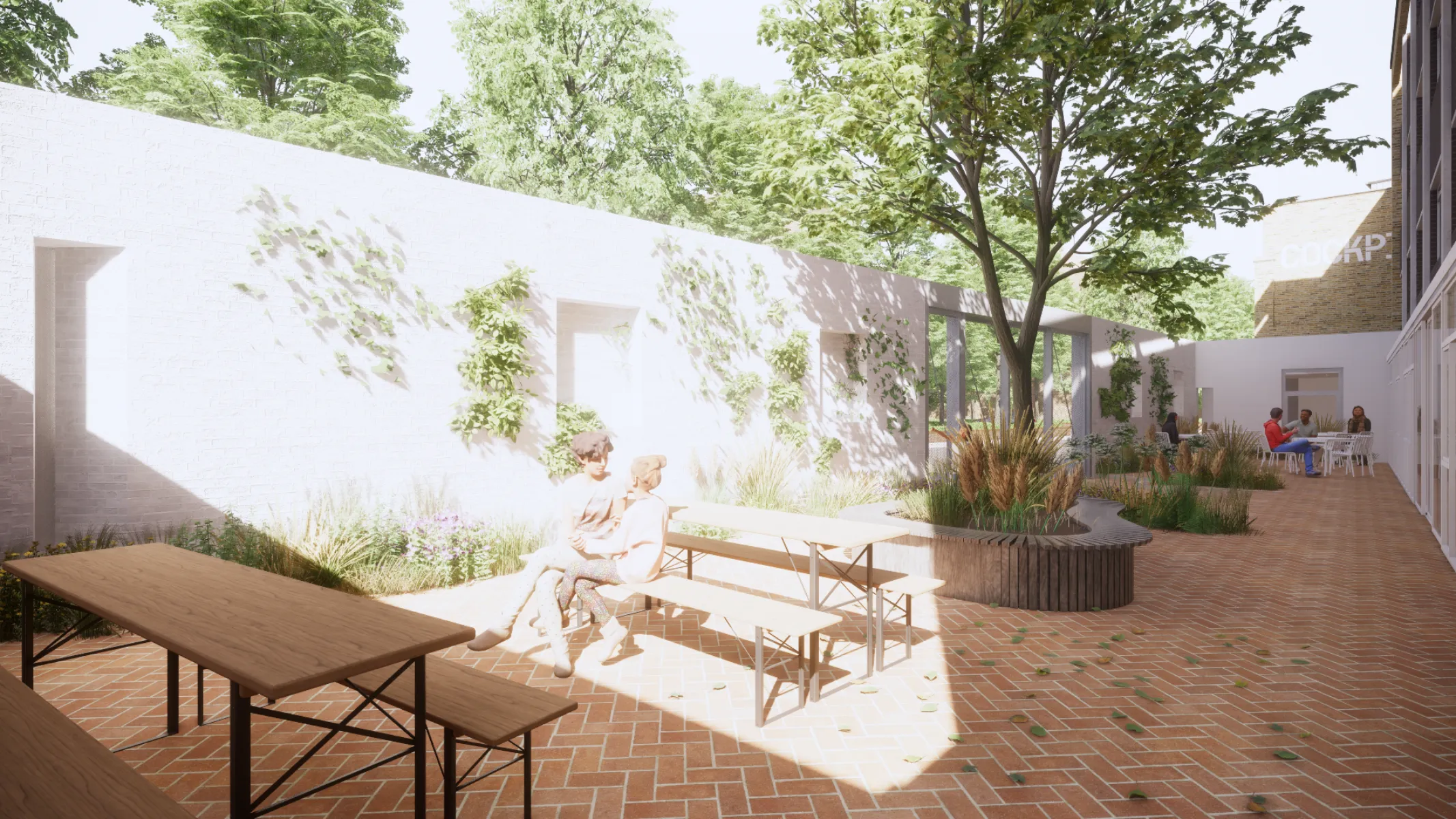 An architect's render of a planted courtyard with tables
