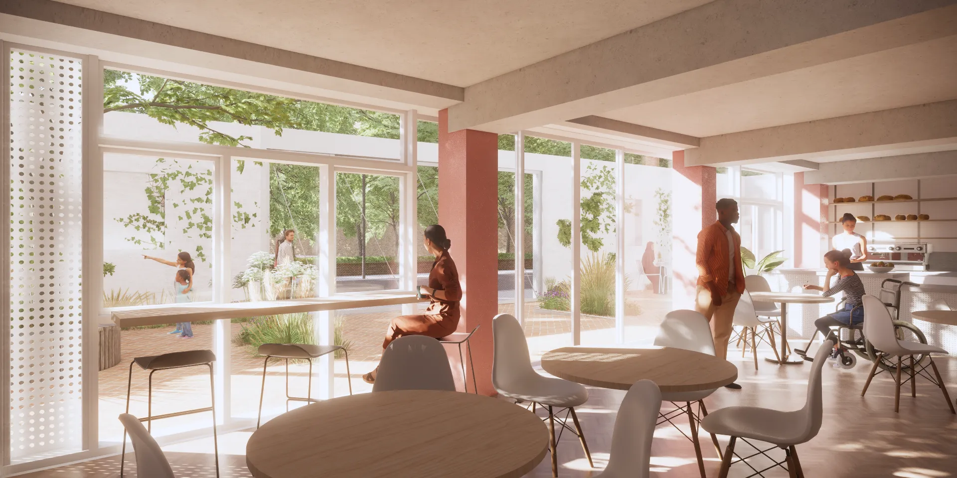An architect's render of a light-filled interior with tables and open doors to a courtyard