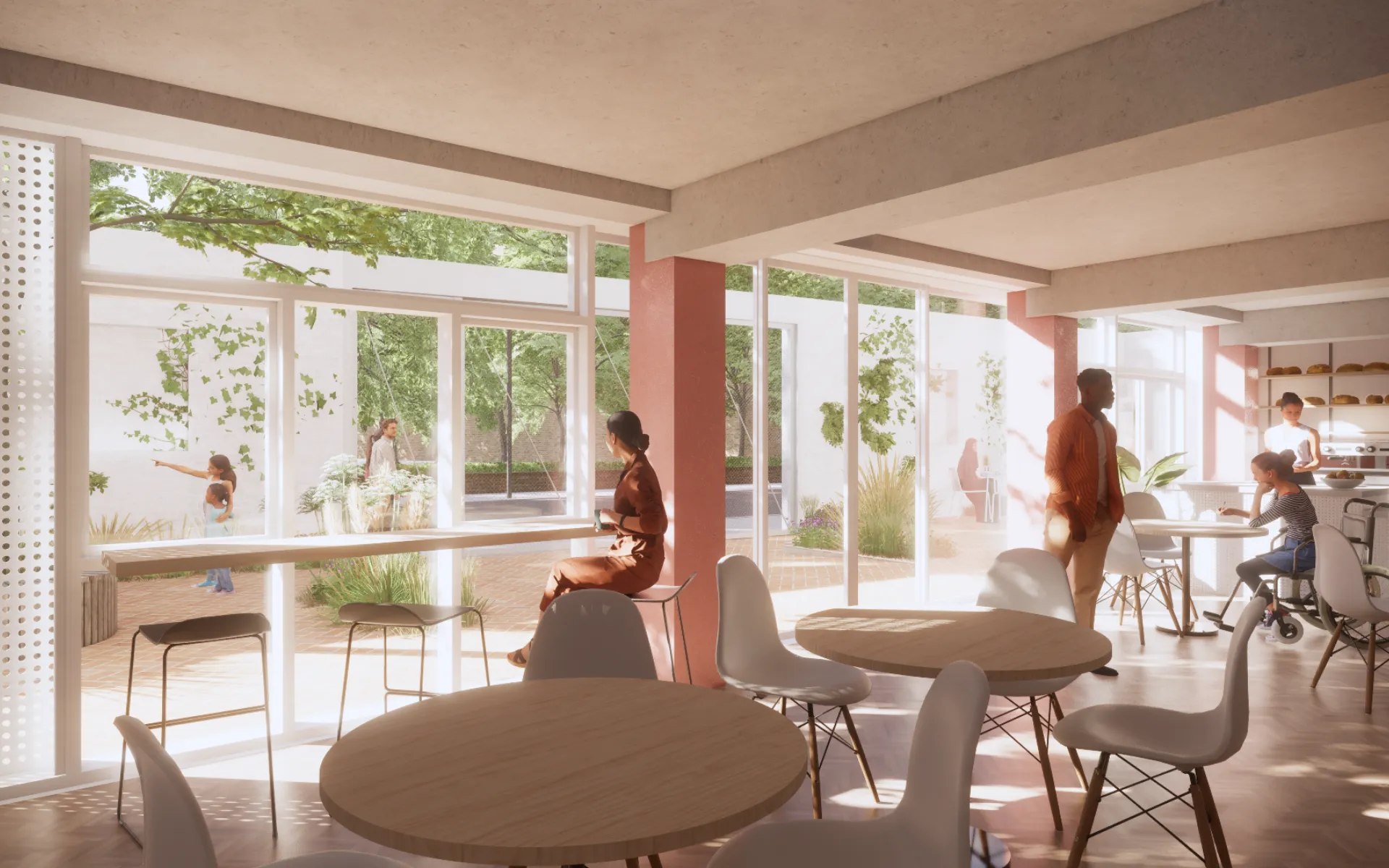 An architect's render of a light-filled interior with tables and open doors to a courtyard
