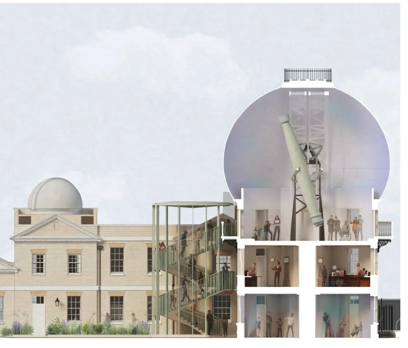 Image shows a section cut of a historic building with a dome on the top with a telescope