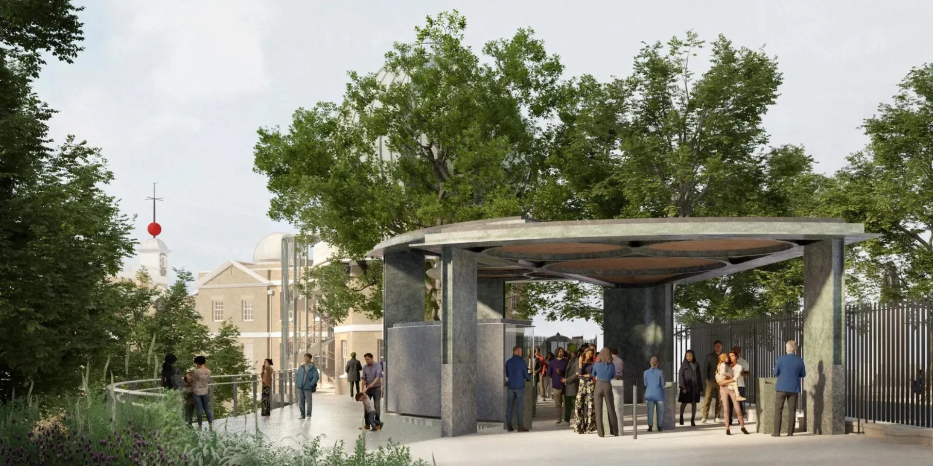 image shows people gathered around an entrypoint.