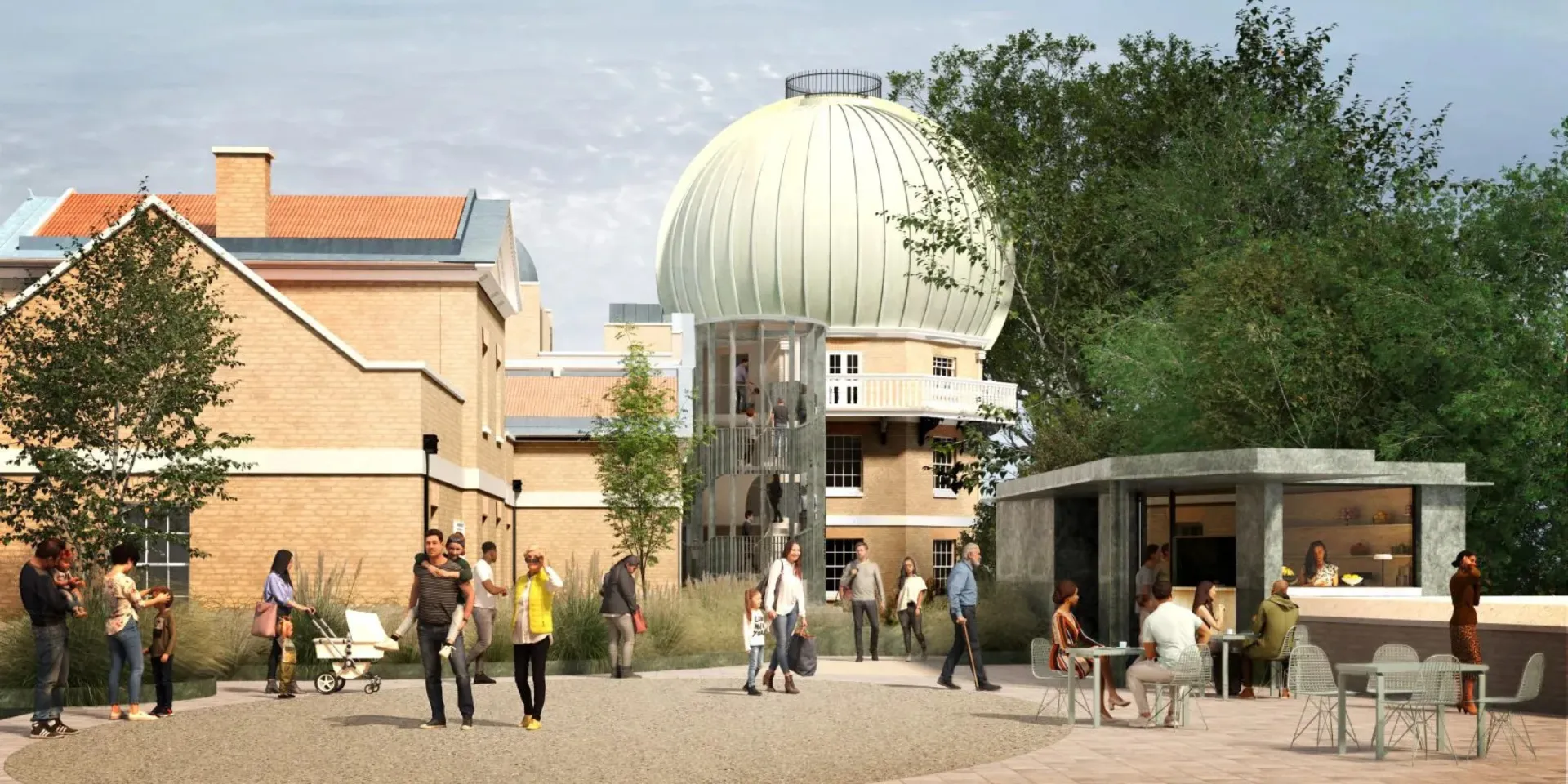 Image shows a older building with a round dome and a new entrance