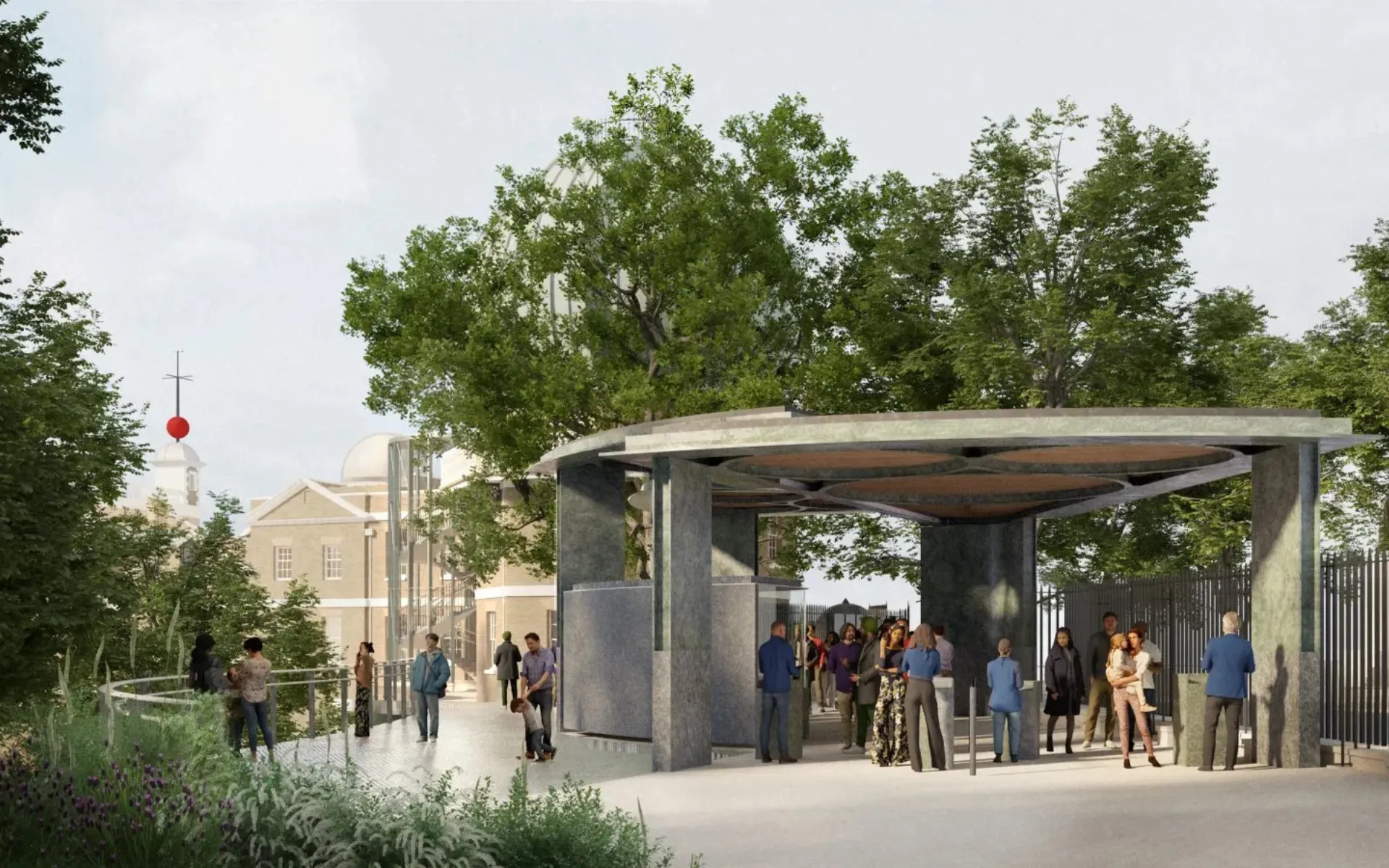 image shows people gathered around an entrypoint.