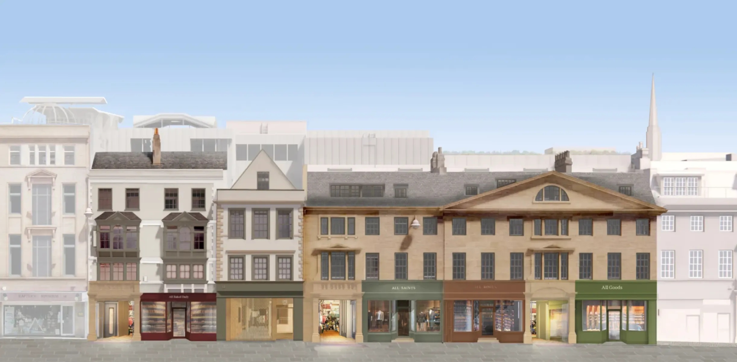 Street elevation of refurbished historic shopfronts and new rooftop extensions.