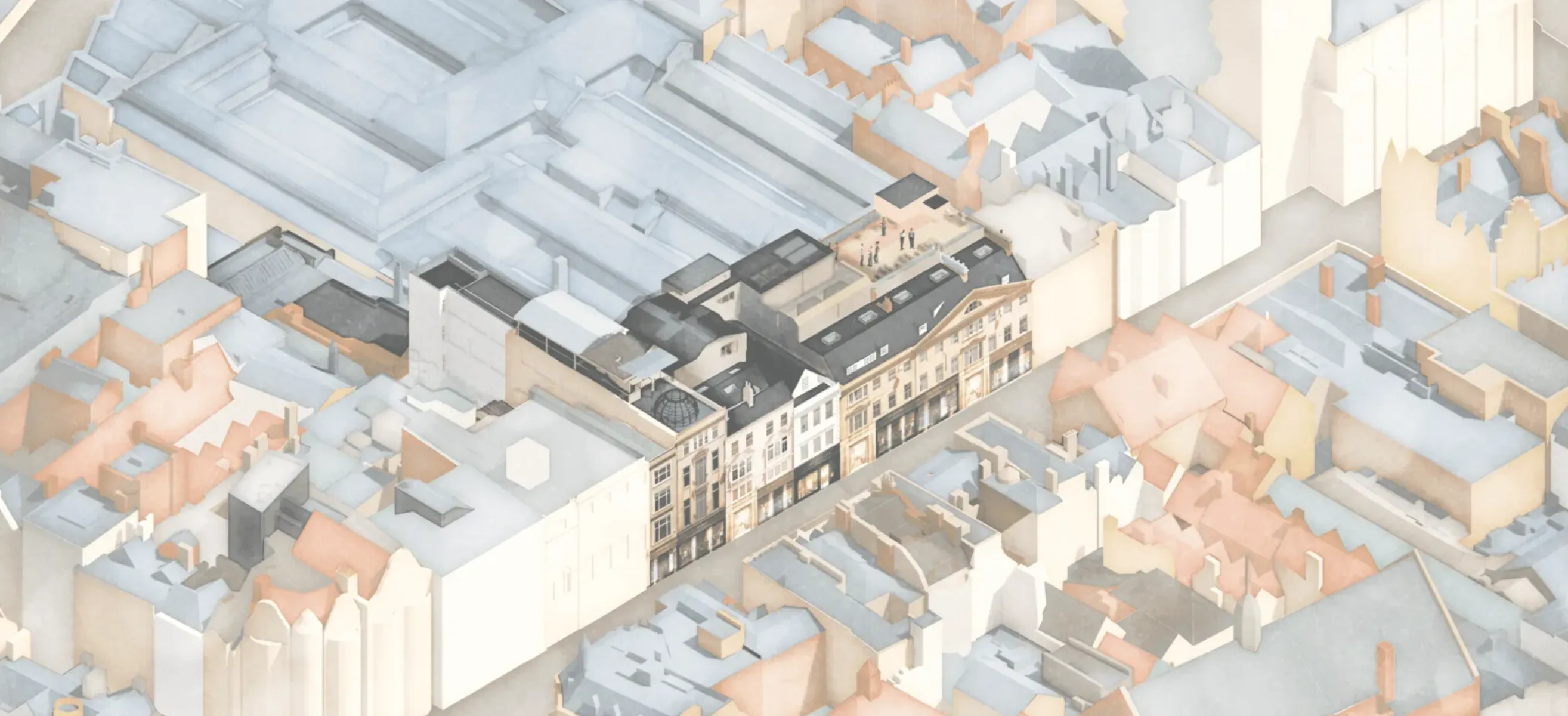 Aerial architectural view showing a mixed-use city block redevelopment.