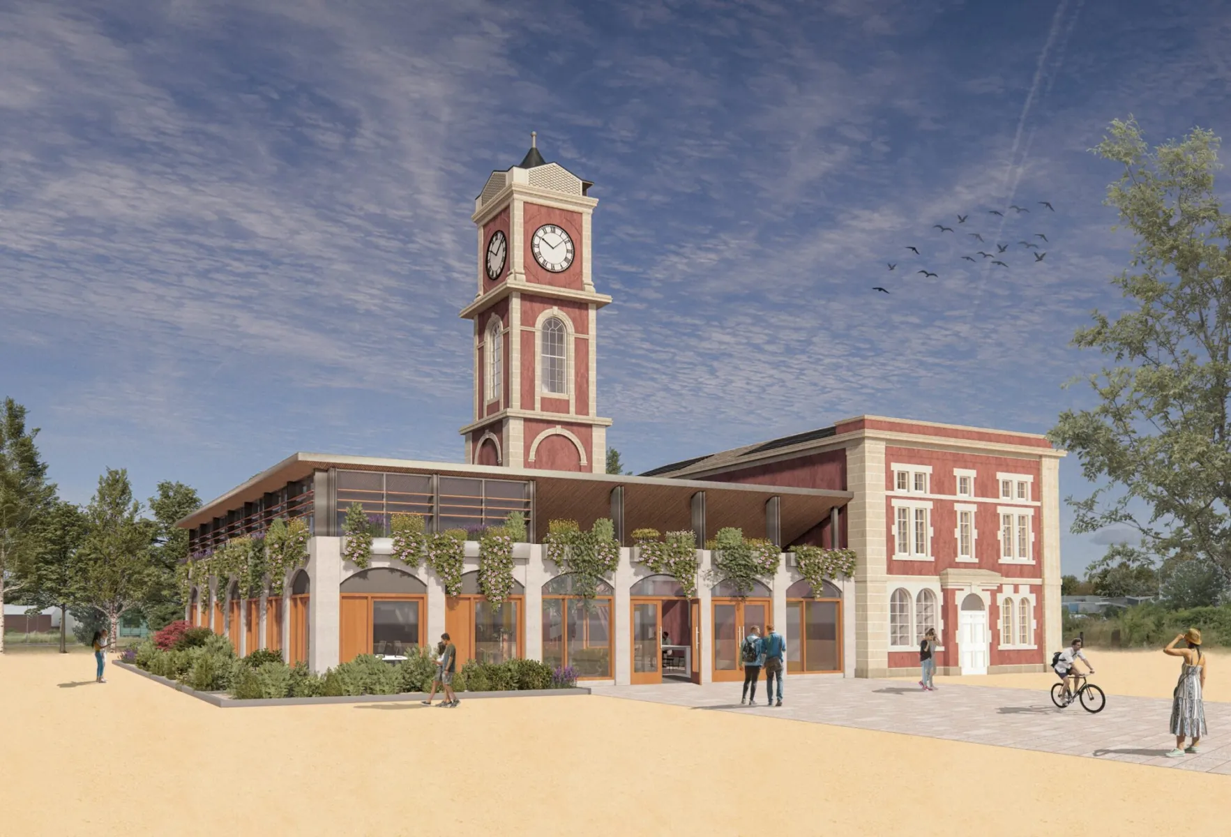 CGI of a restored historic building with clock tower and new extension.