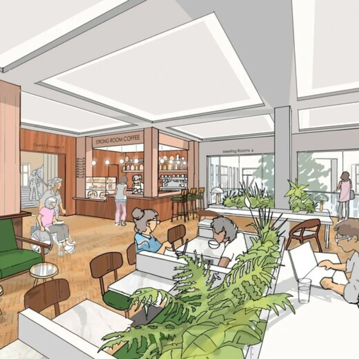 Illustration of a bright café and workspace with seating, plants and people.
