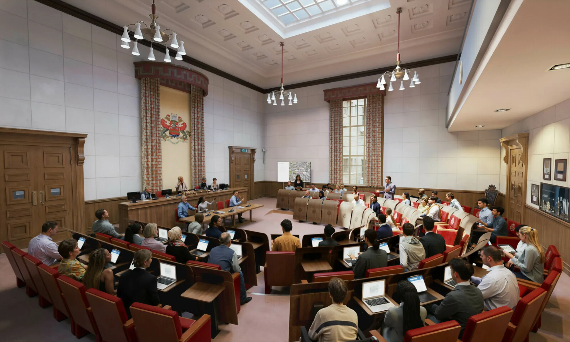 Historic council chamber with tiered seating and people attending a meeting.