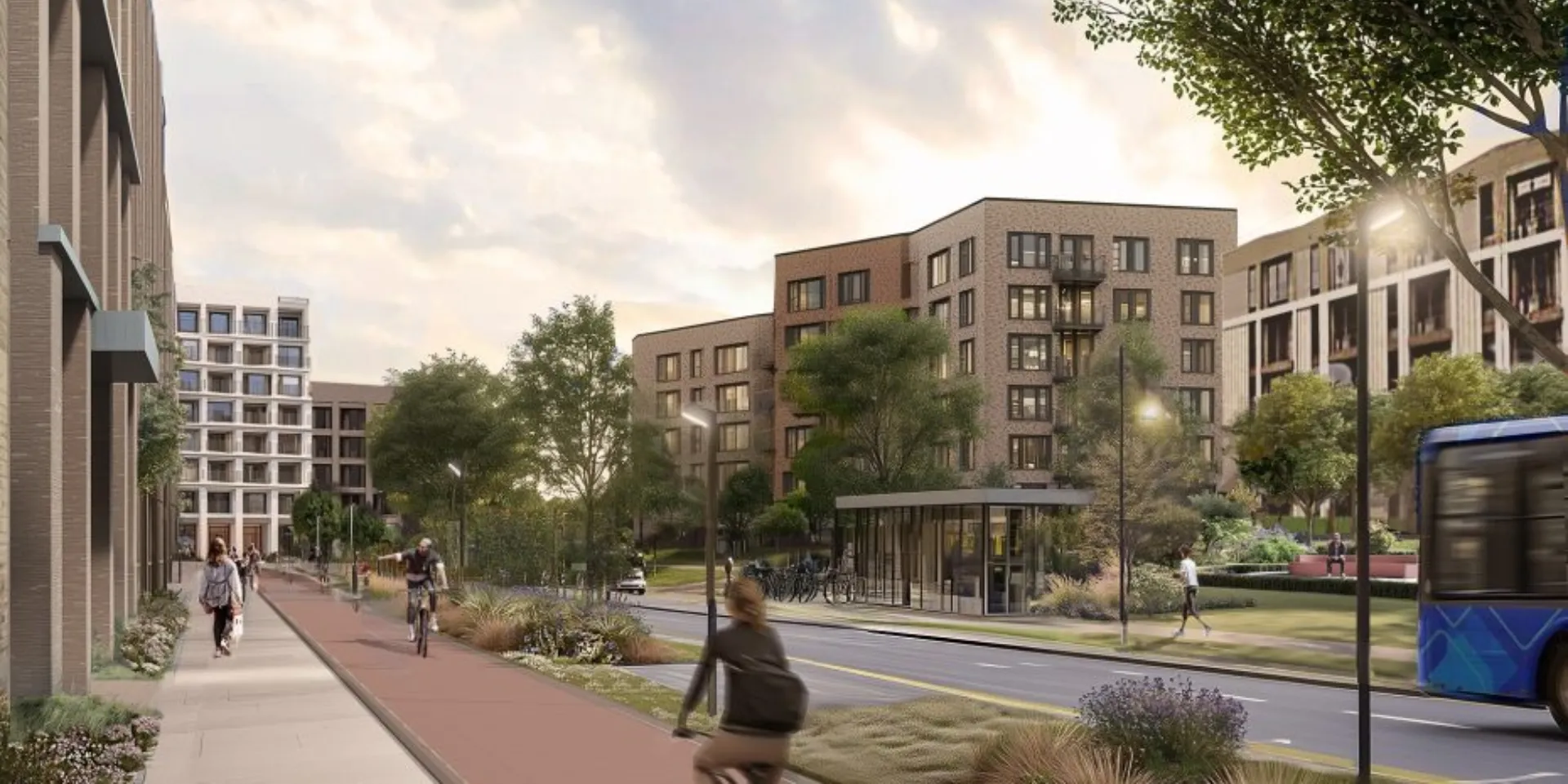 Landscaped residential street with apartments, cycle lane, trees and active public spaces.