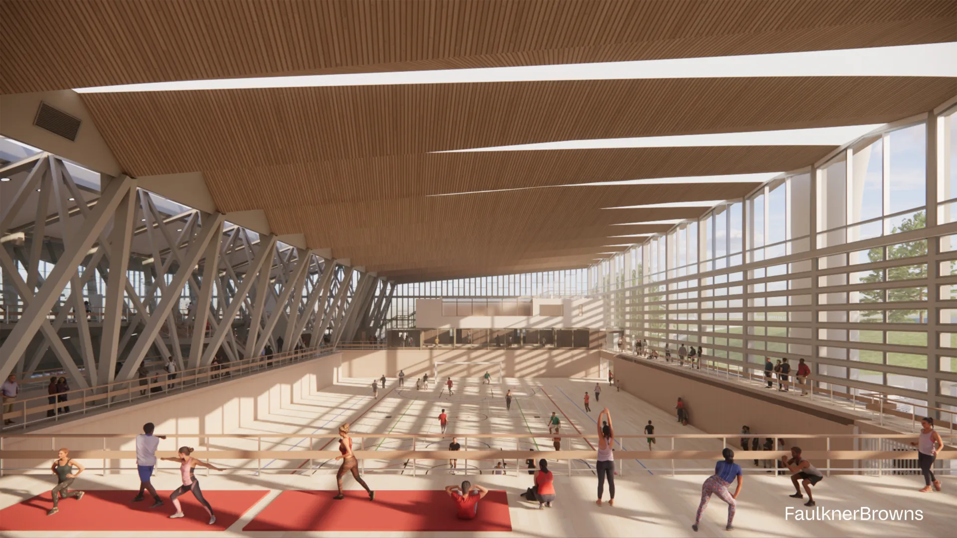 The computer generated image shows people using an indoor track