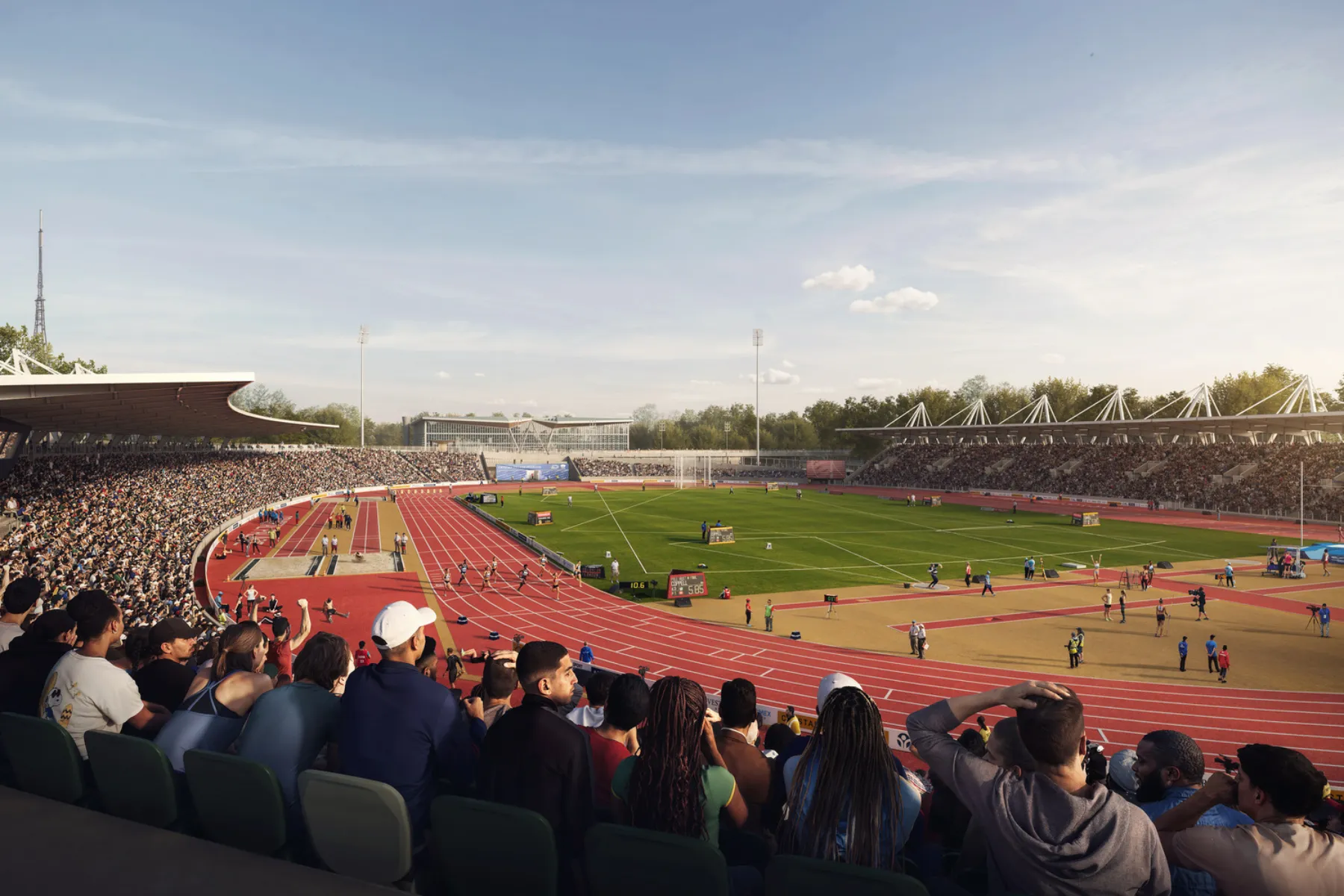 Crowded athletics stadium during a track event, viewed from the spectator stands.