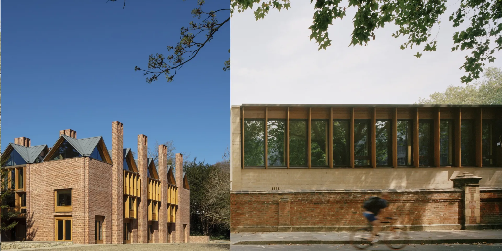 Two images side by side - the left hand side is the exterior of a new library building with Tudor-style gables and chimneys. The right hand side is the exterior of the Sands End Community Centre - a wooden building with large windows