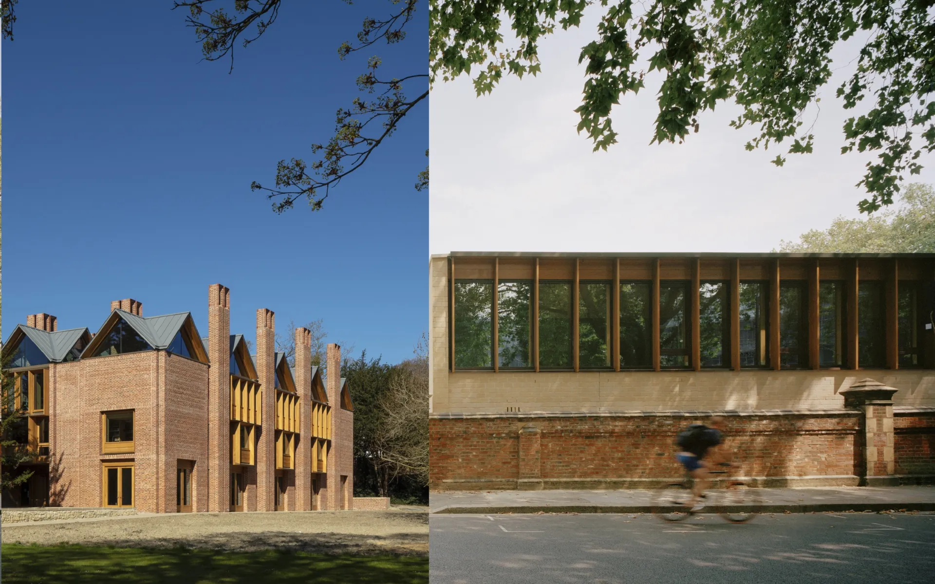 Two images side by side - the left hand side is the exterior of a new library building with Tudor-style gables and chimneys. The right hand side is the exterior of the Sands End Community Centre - a wooden building with large windows